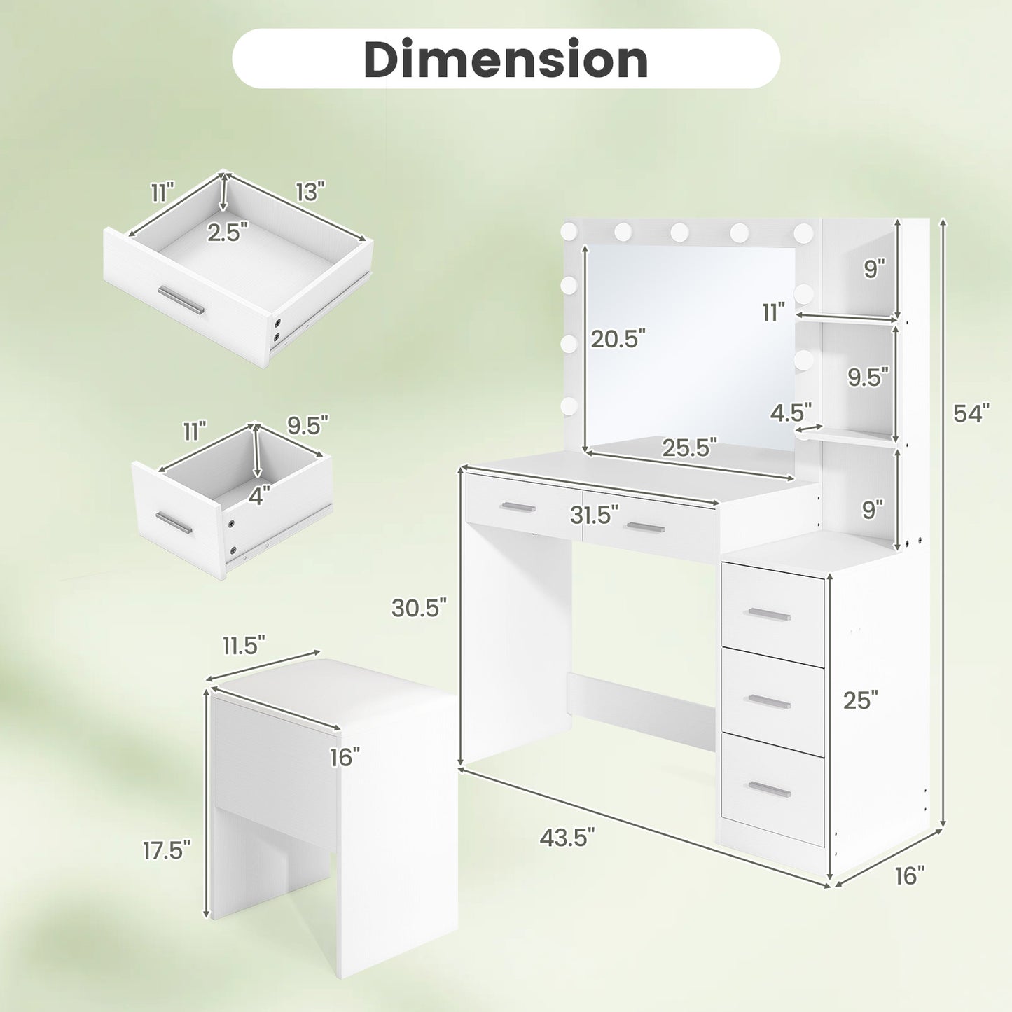 Makeup Vanity Table with Lighted Mirror and Stool Set