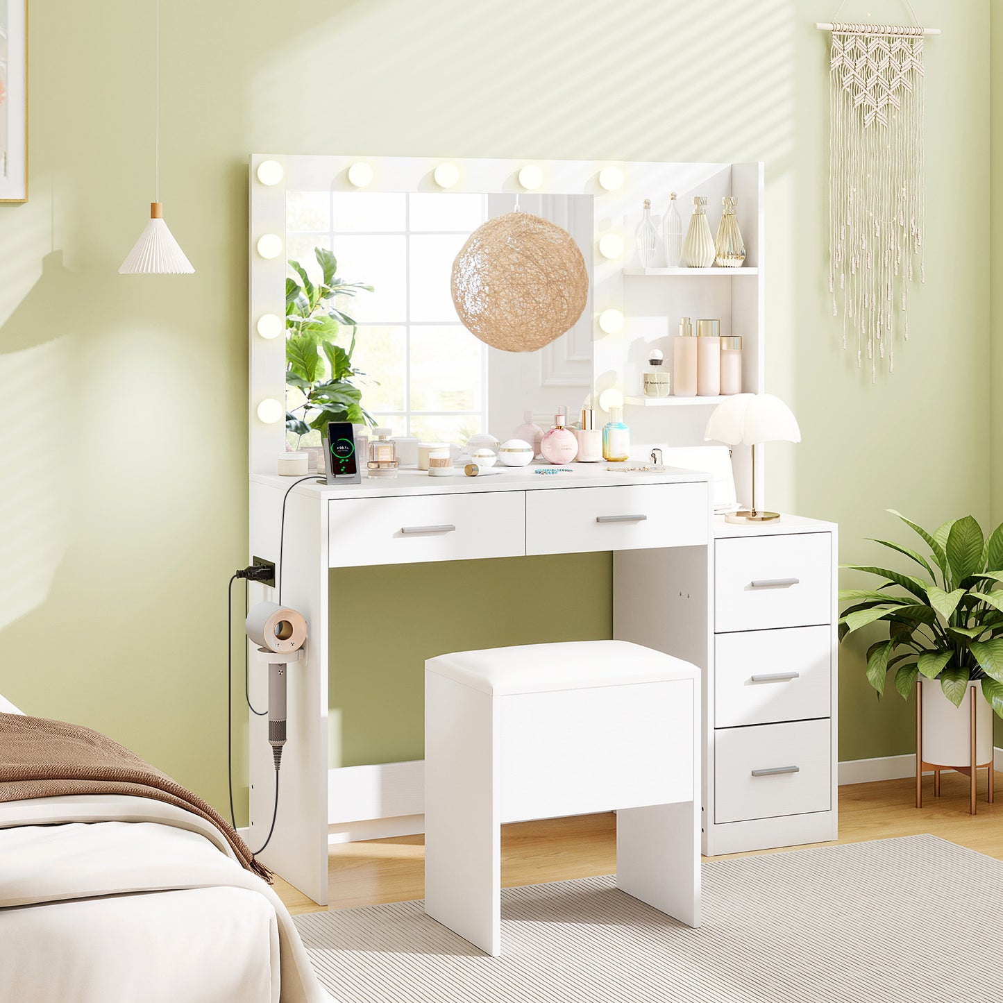 Makeup Vanity Table with Lighted Mirror and Stool Set