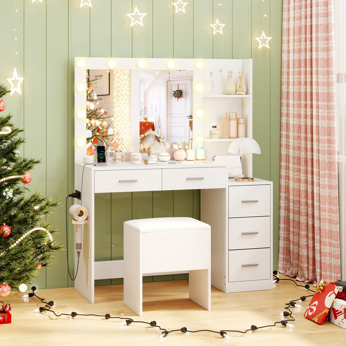 Makeup Vanity Table with Lighted Mirror and Stool Set