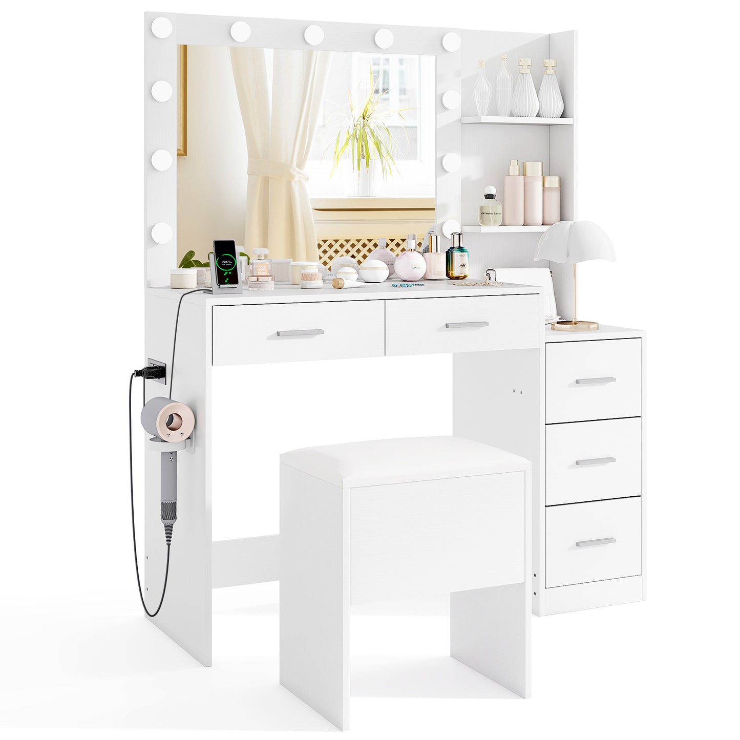 Makeup Vanity Table with Lighted Mirror and Stool Set