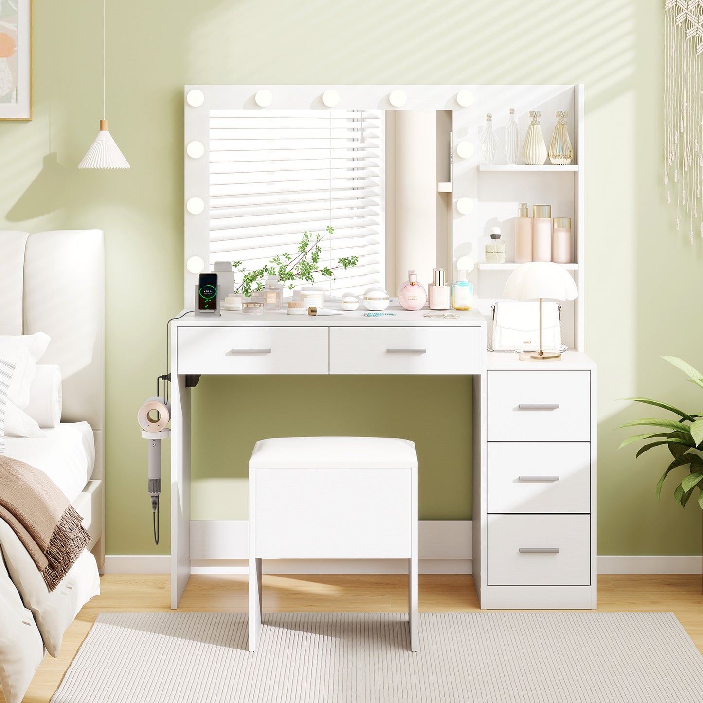 Makeup Vanity Table with Lighted Mirror and Stool Set