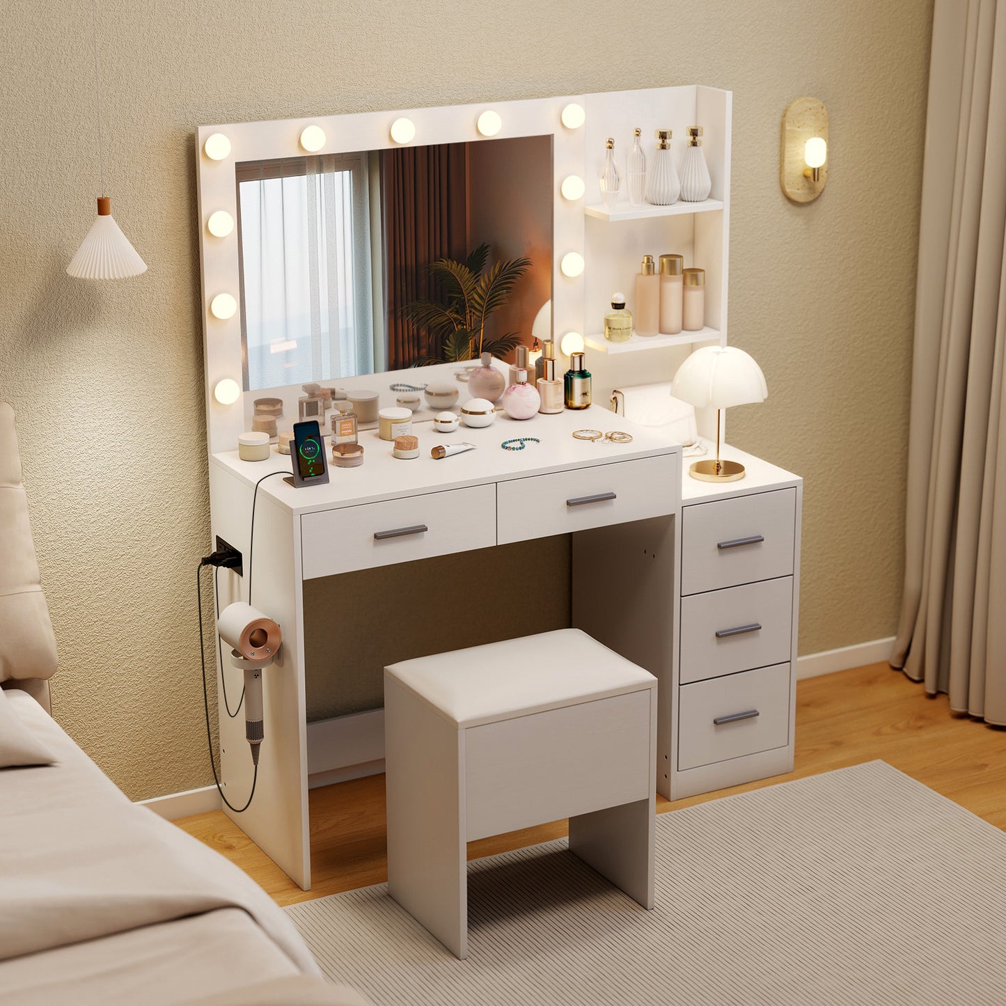Makeup Vanity Table with Lighted Mirror and Stool Set