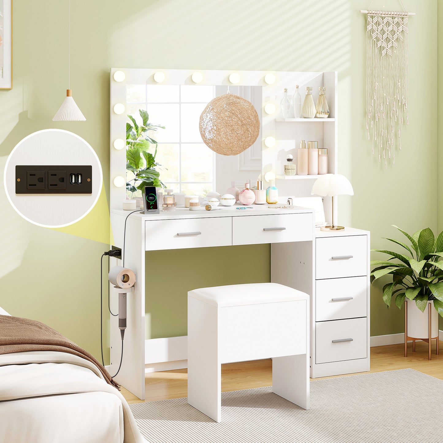 Makeup Vanity Table with Lighted Mirror and Stool Set