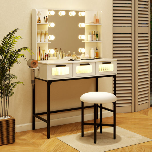 Makeup Vanity Desk with Hollywood Lighted Mirror & Stool