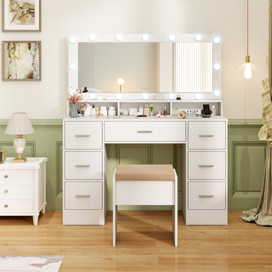Makeup Vanity Desk with LED Mirror and Charging Station