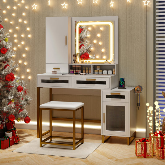 Makeup Vanity Desk with Lighted Mirror and Stool Set