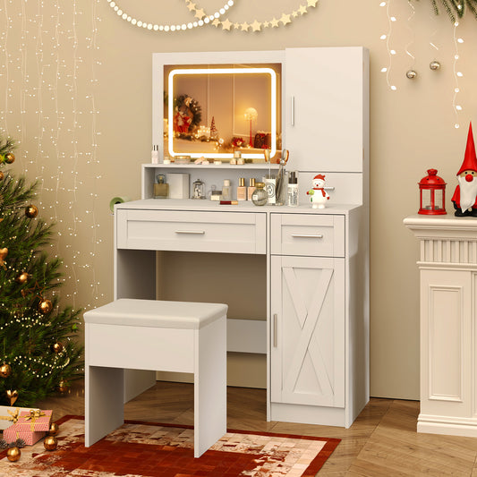 Makeup Vanity Desk with Lighted Mirror and Stool Set