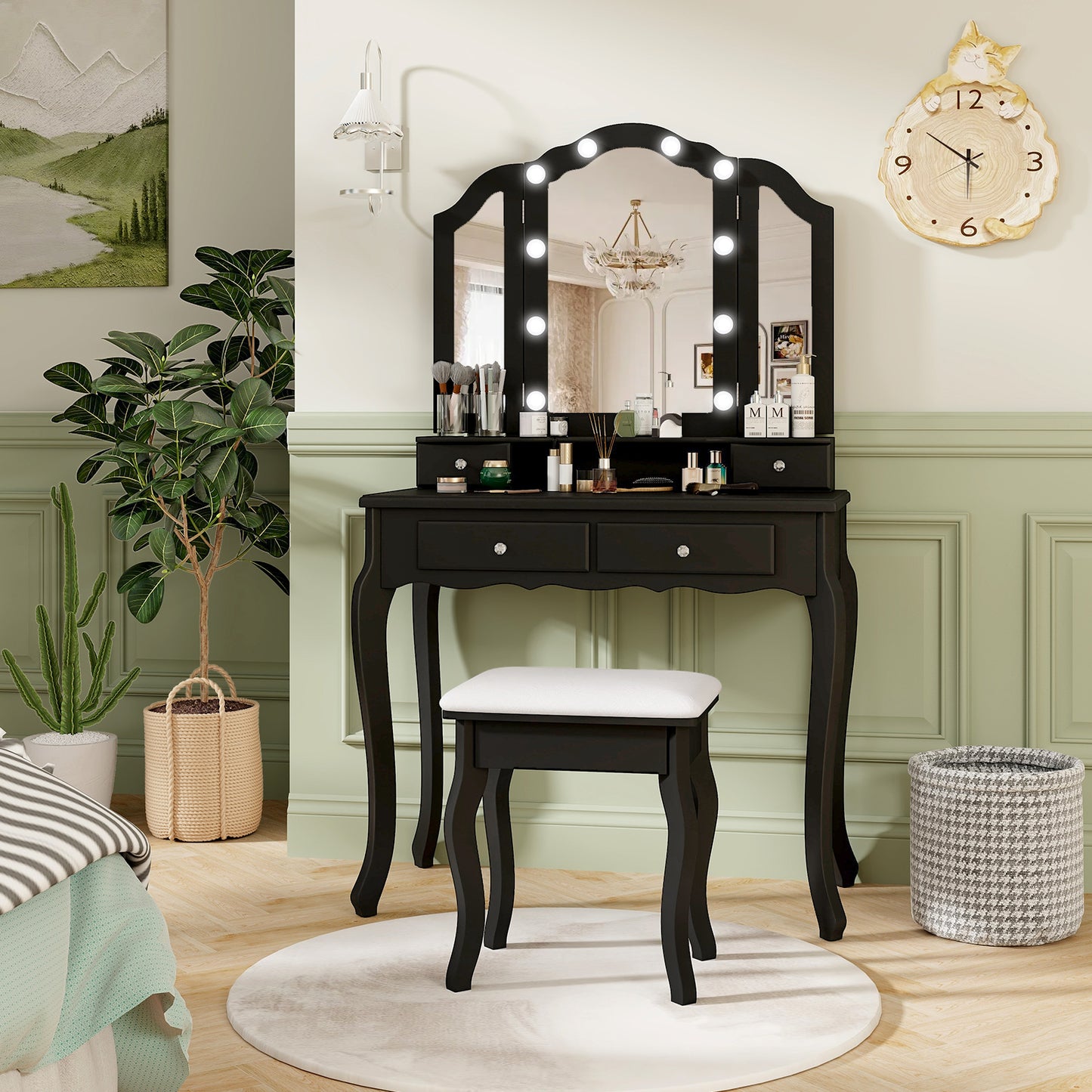 Vanity Table Set with Lighted Tri-Fold Mirror and Stool