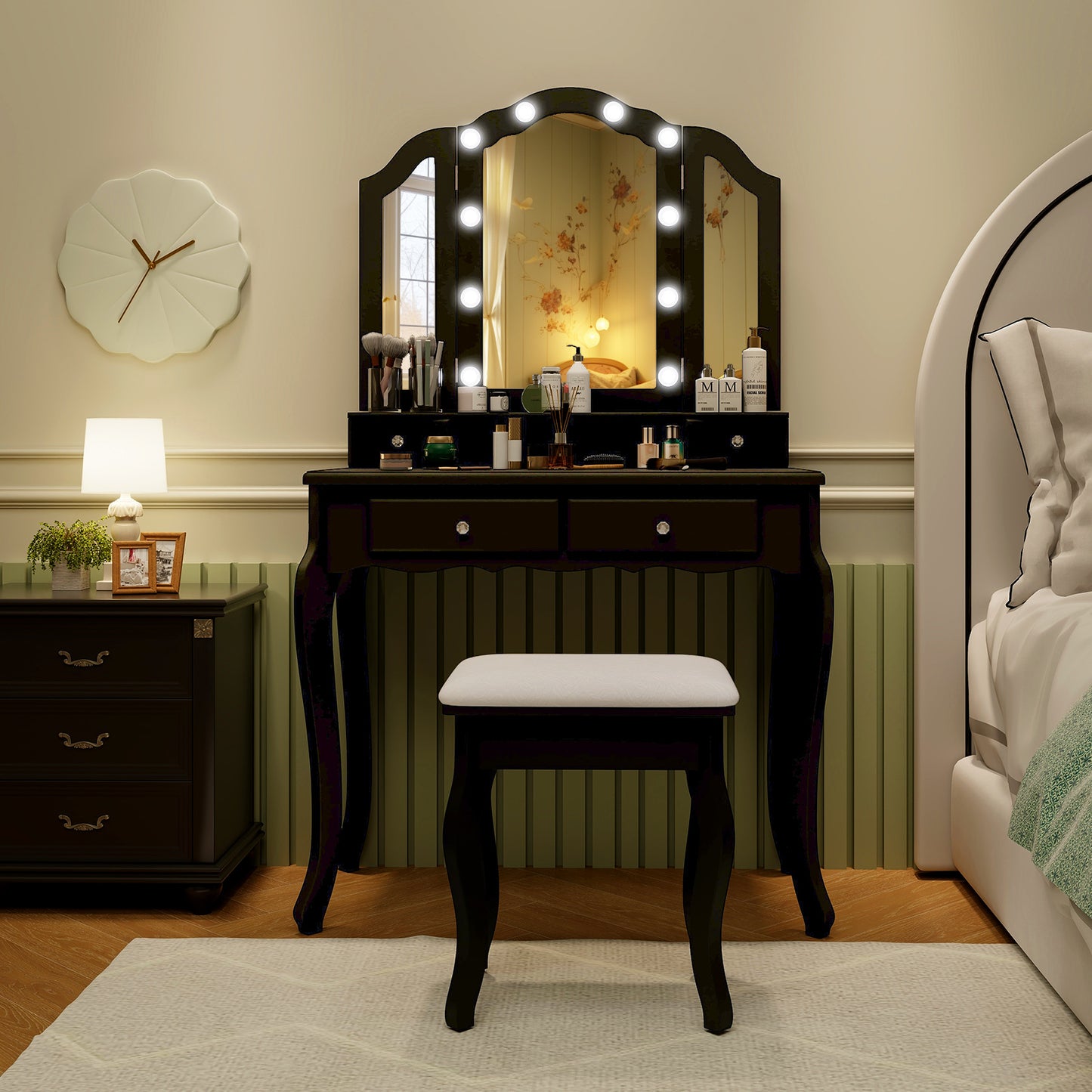 Vanity Table Set with Lighted Tri-Fold Mirror and Stool
