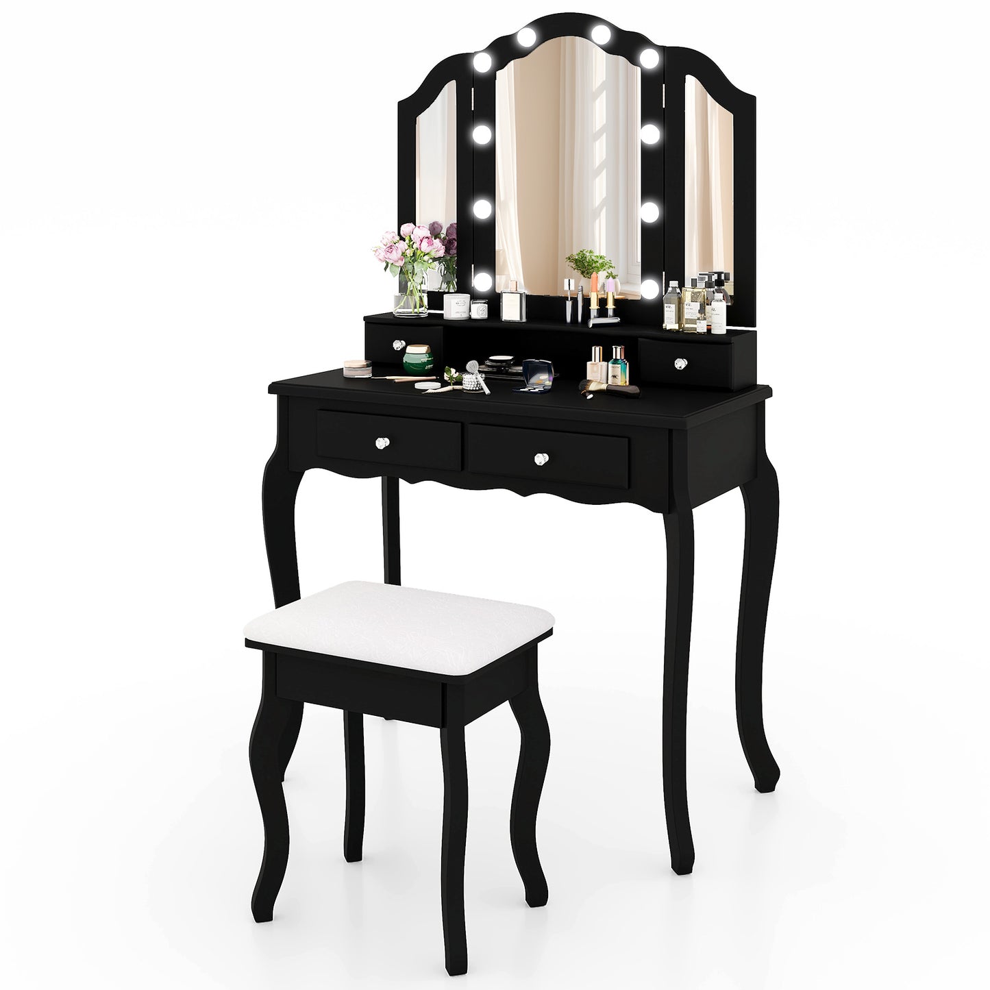 Vanity Table Set with Lighted Tri-Fold Mirror and Stool