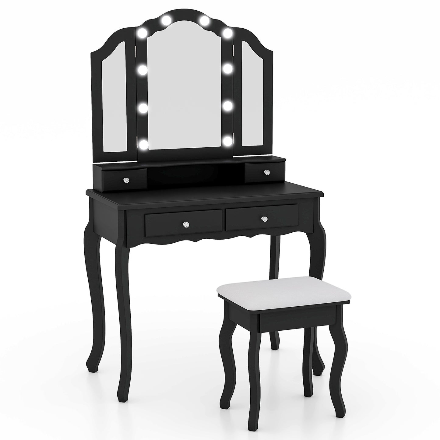 Vanity Table Set with Lighted Tri-Fold Mirror and Stool