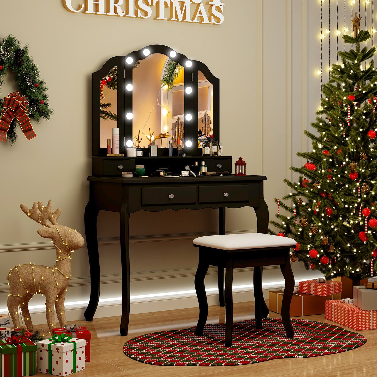 Vanity Table Set with Lighted Tri-Fold Mirror and Stool
