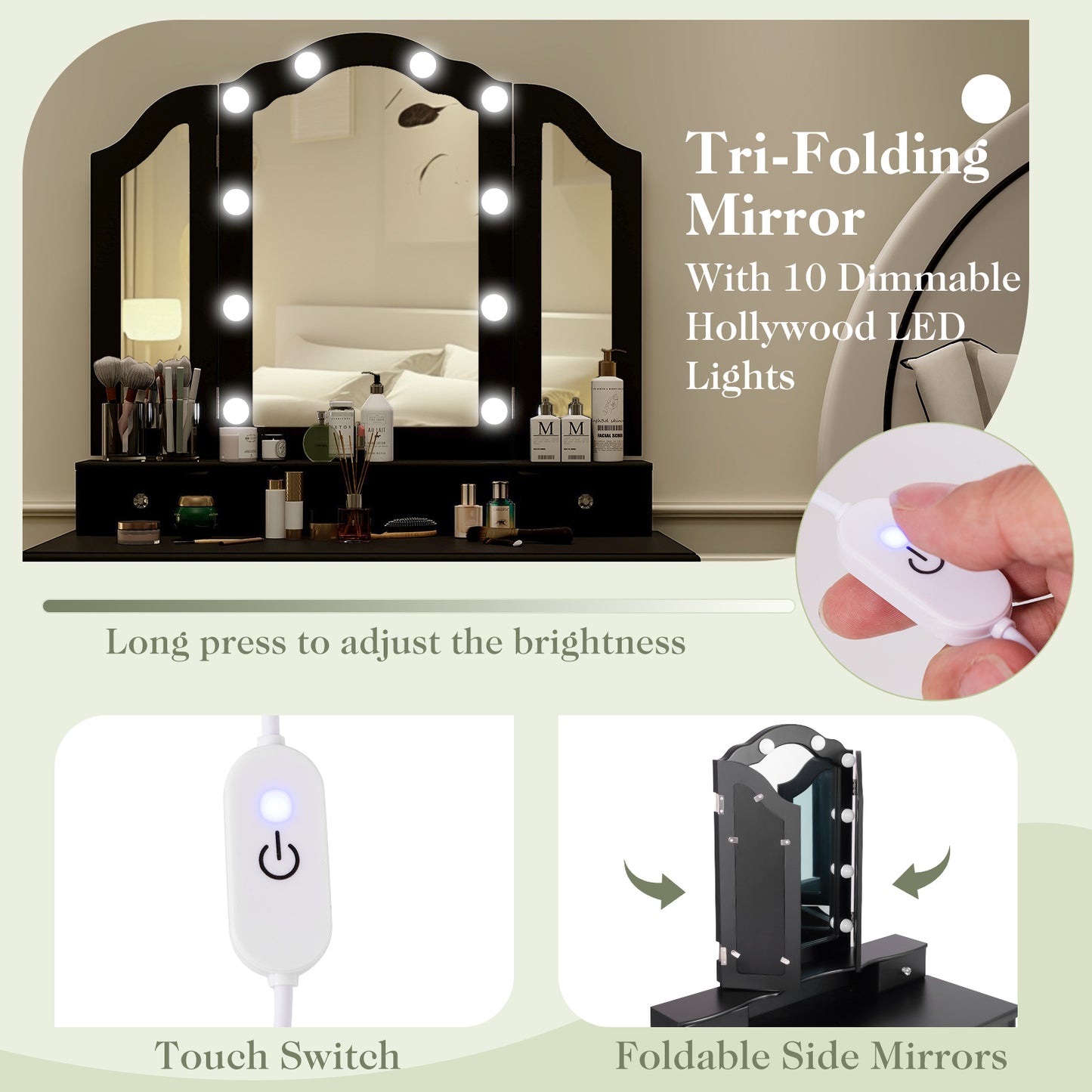 Vanity Table Set with Lighted Tri-Fold Mirror and Stool