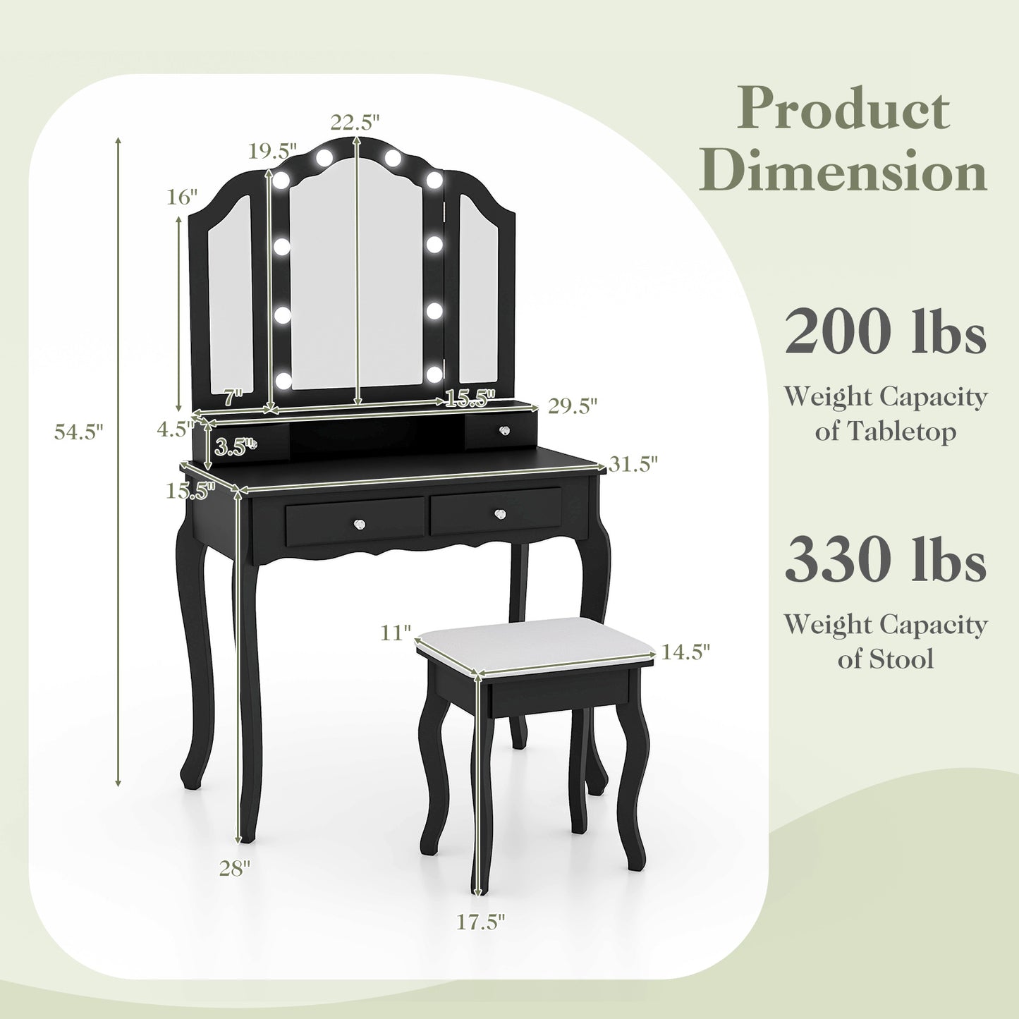 Vanity Table Set with Lighted Tri-Fold Mirror and Stool