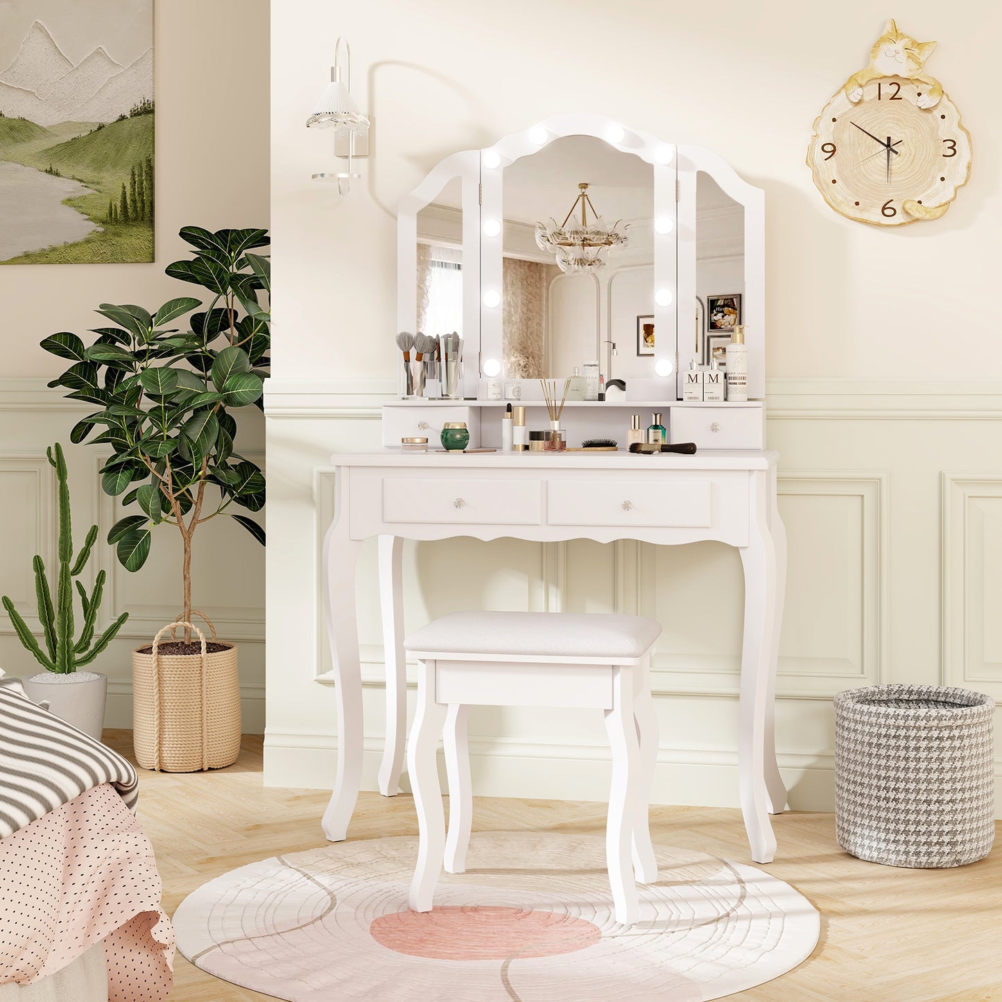 Vanity Table Set with Lighted Tri-Fold Mirror and Stool