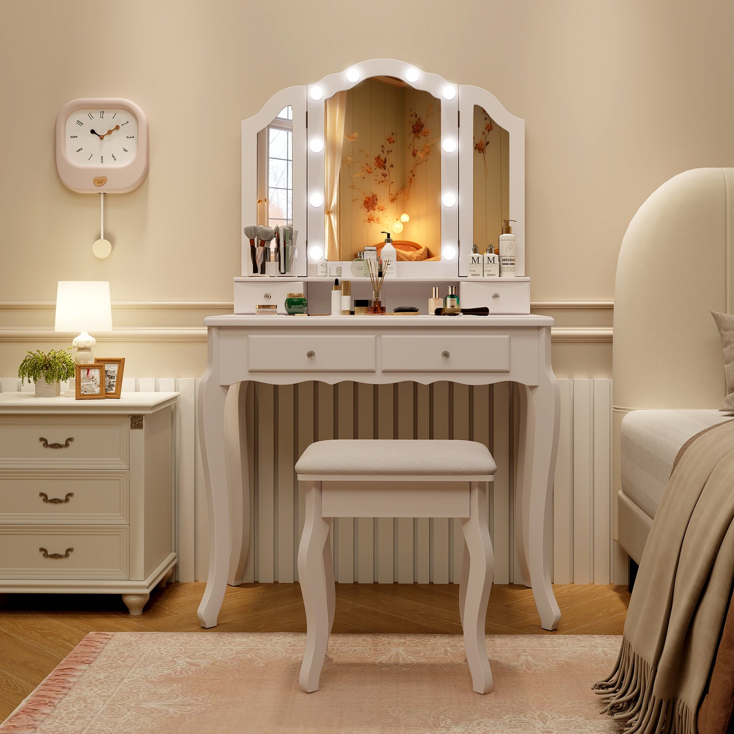Vanity Table Set with Lighted Tri-Fold Mirror and Stool