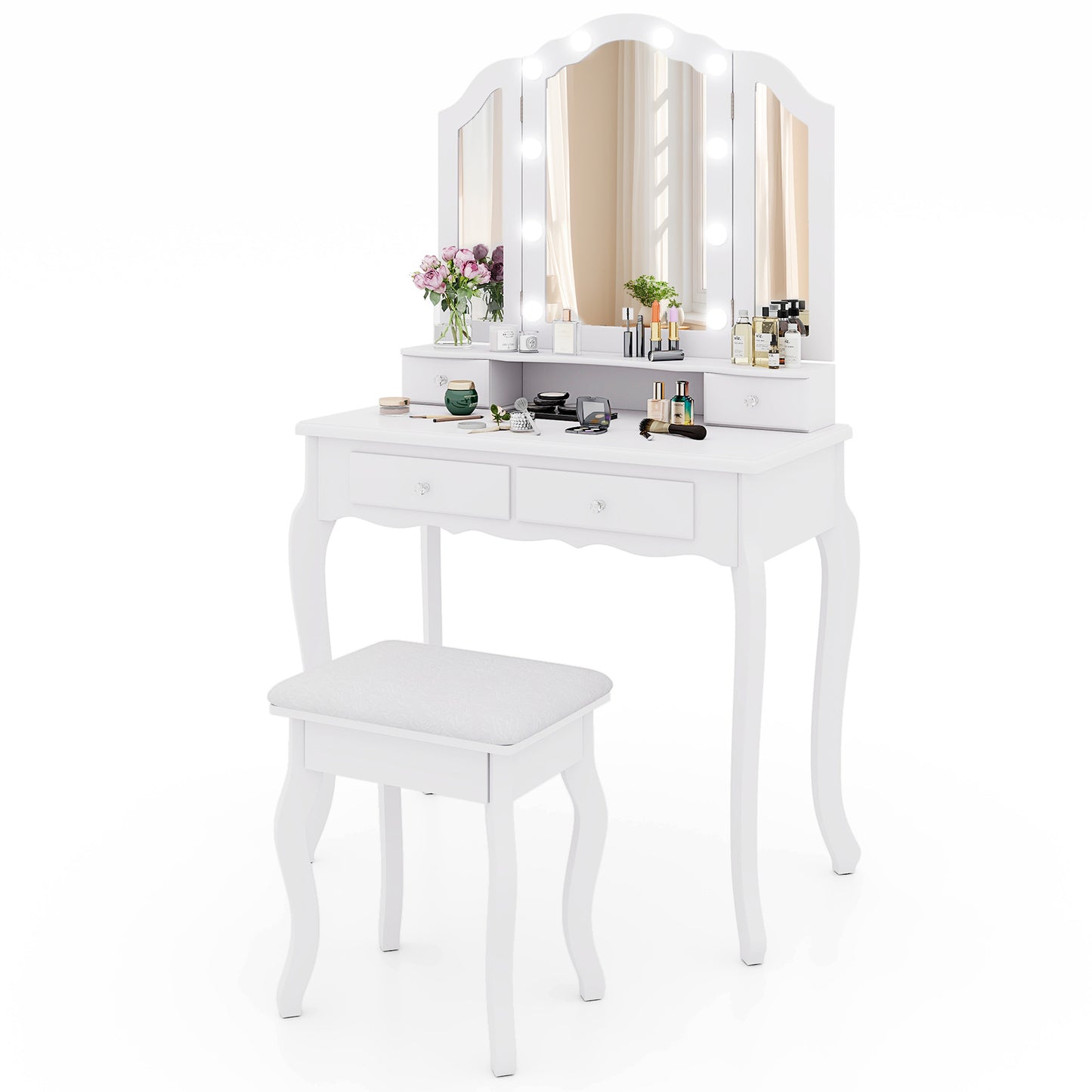 Vanity Table Set with Lighted Tri-Fold Mirror and Stool