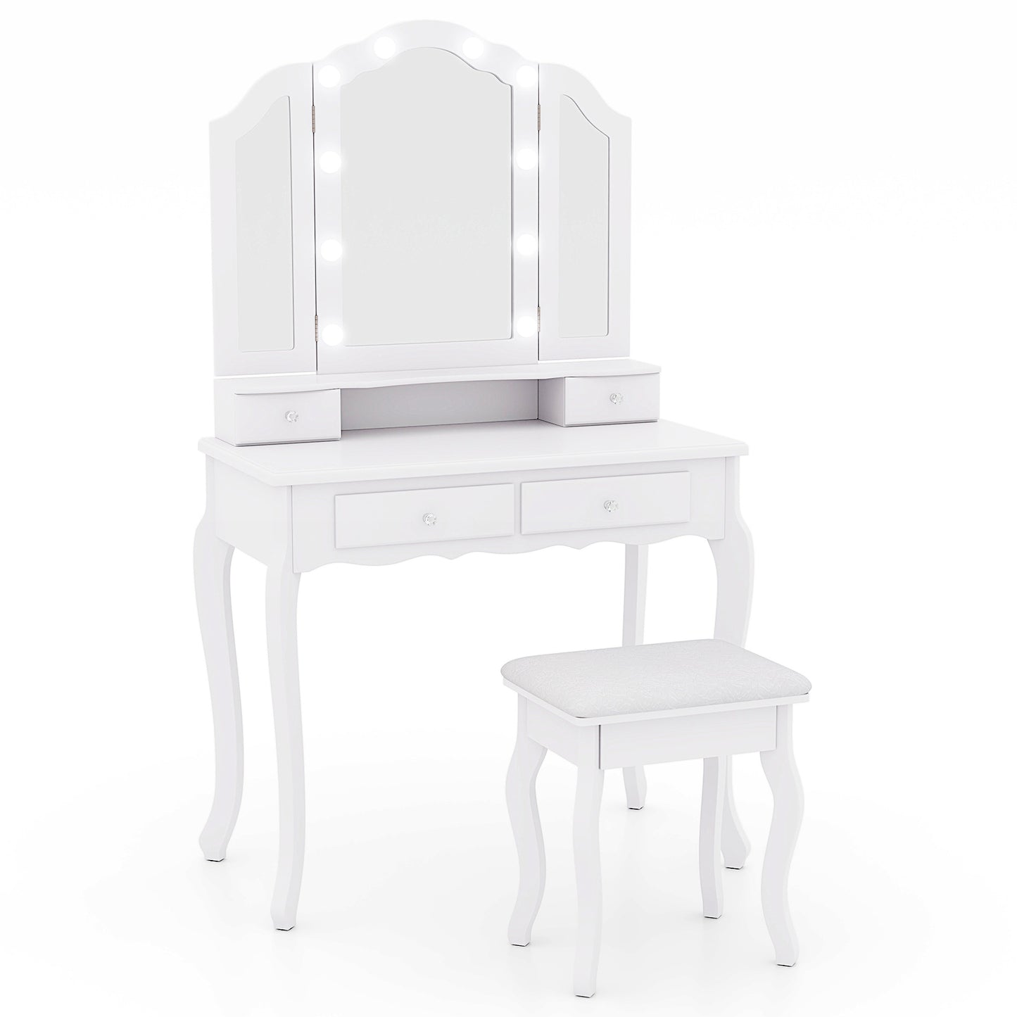 Vanity Table Set with Lighted Tri-Fold Mirror and Stool