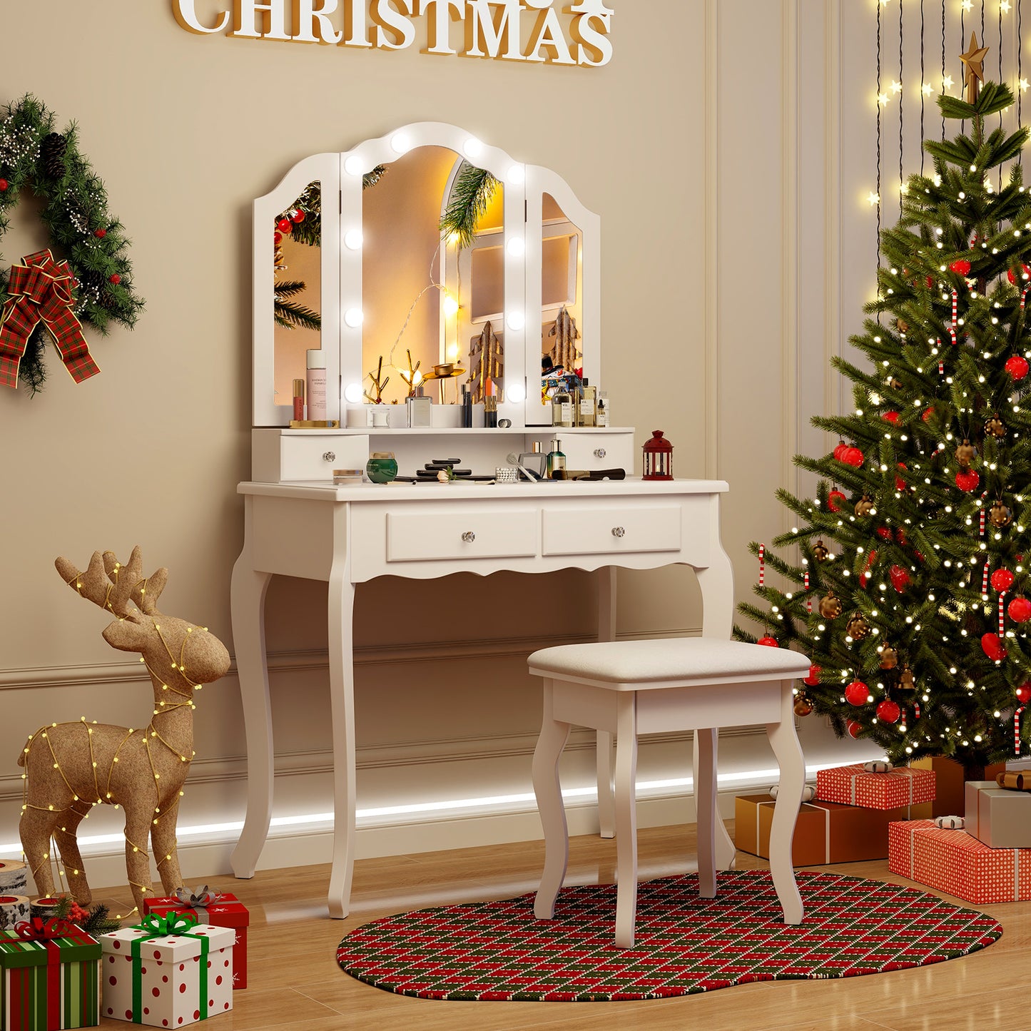 Vanity Table Set with Lighted Tri-Fold Mirror and Stool