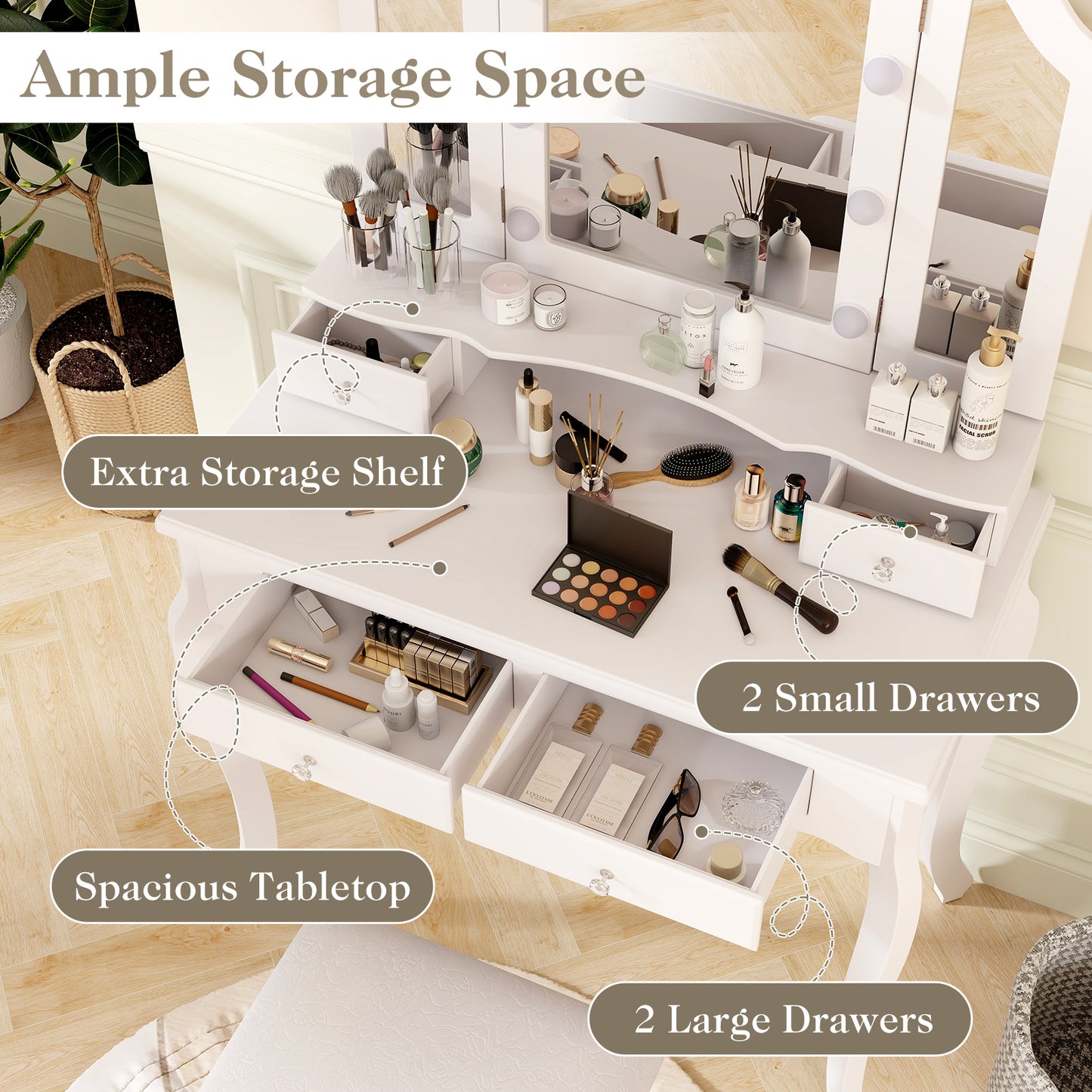 Vanity Table Set with Lighted Tri-Fold Mirror and Stool
