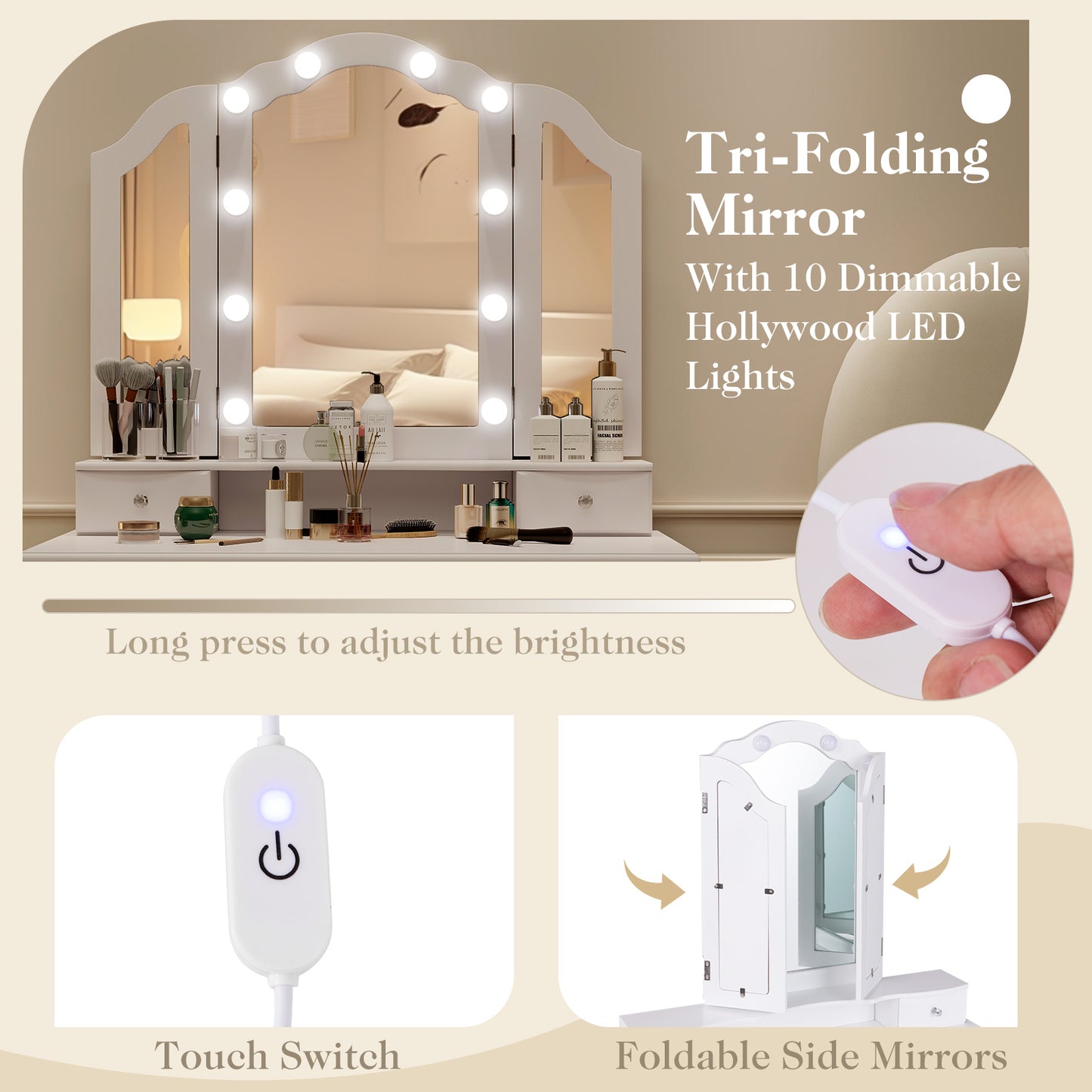 Vanity Table Set with Lighted Tri-Fold Mirror and Stool