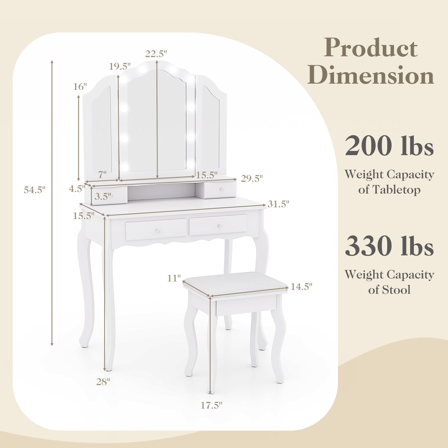Vanity Table Set with Lighted Tri-Fold Mirror and Stool