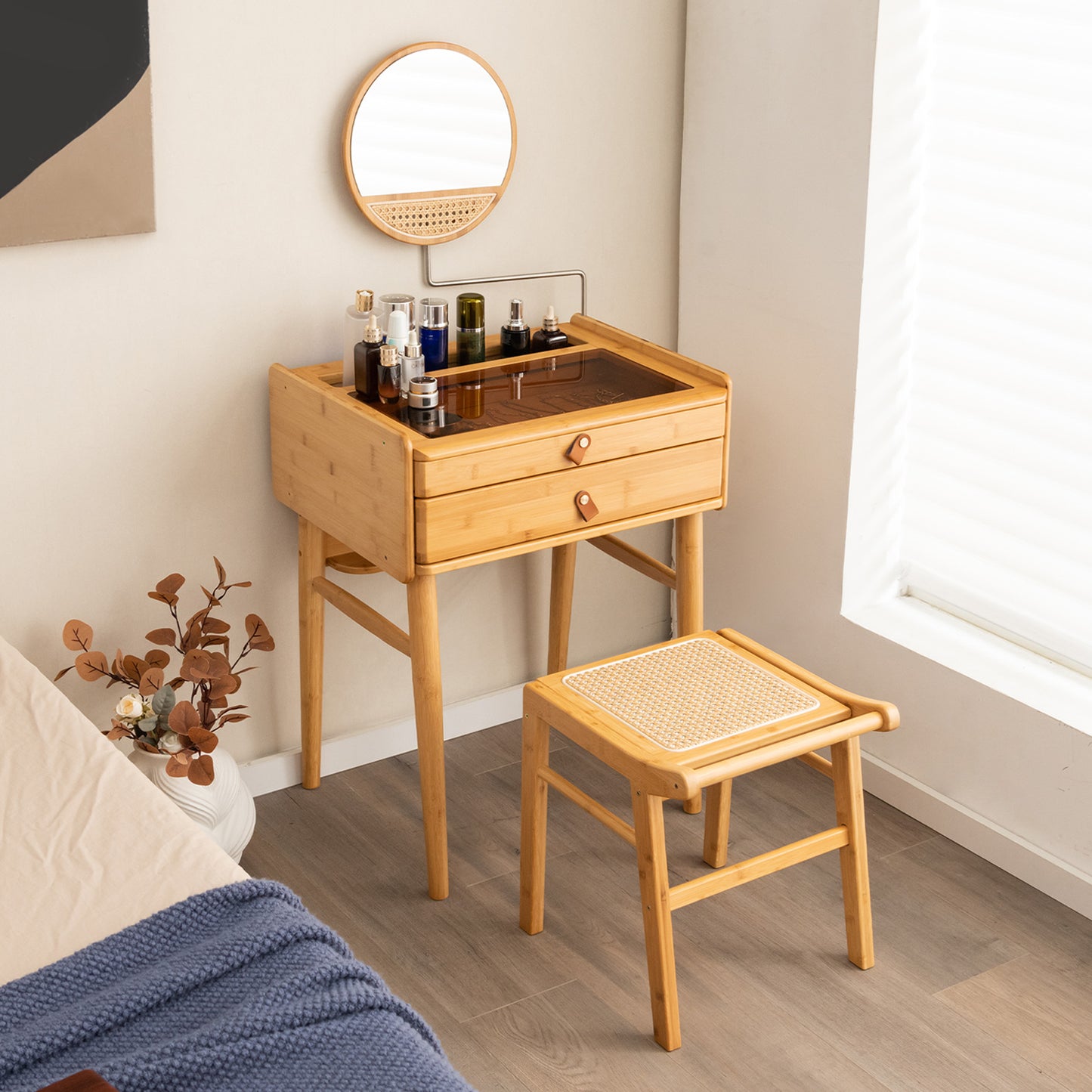 Bamboo Makeup Vanity Table with Mirror and 2 Drawers