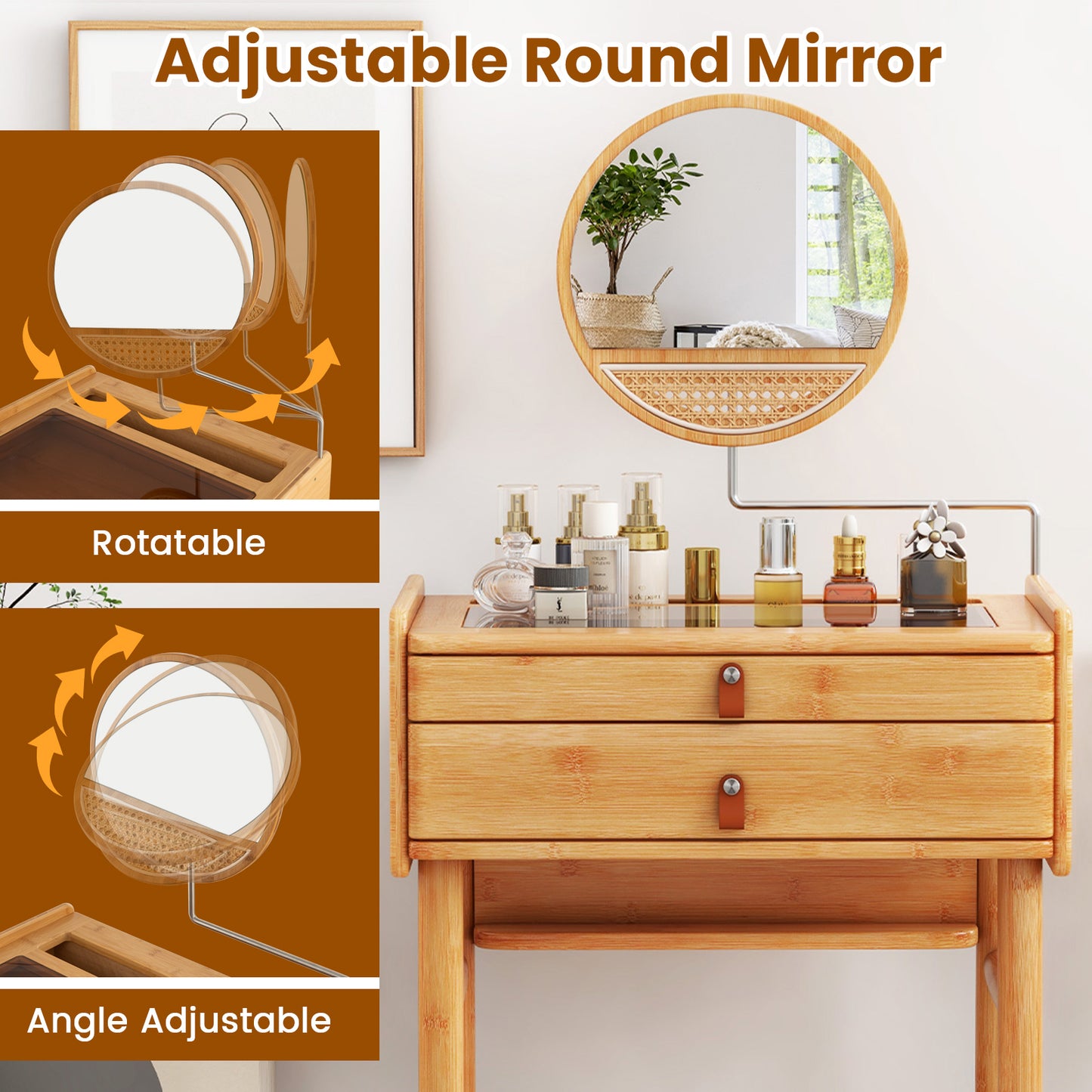 Bamboo Makeup Vanity Table with Mirror and 2 Drawers