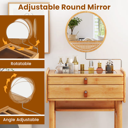 Bamboo Makeup Vanity Table with Mirror and 2 Drawers
