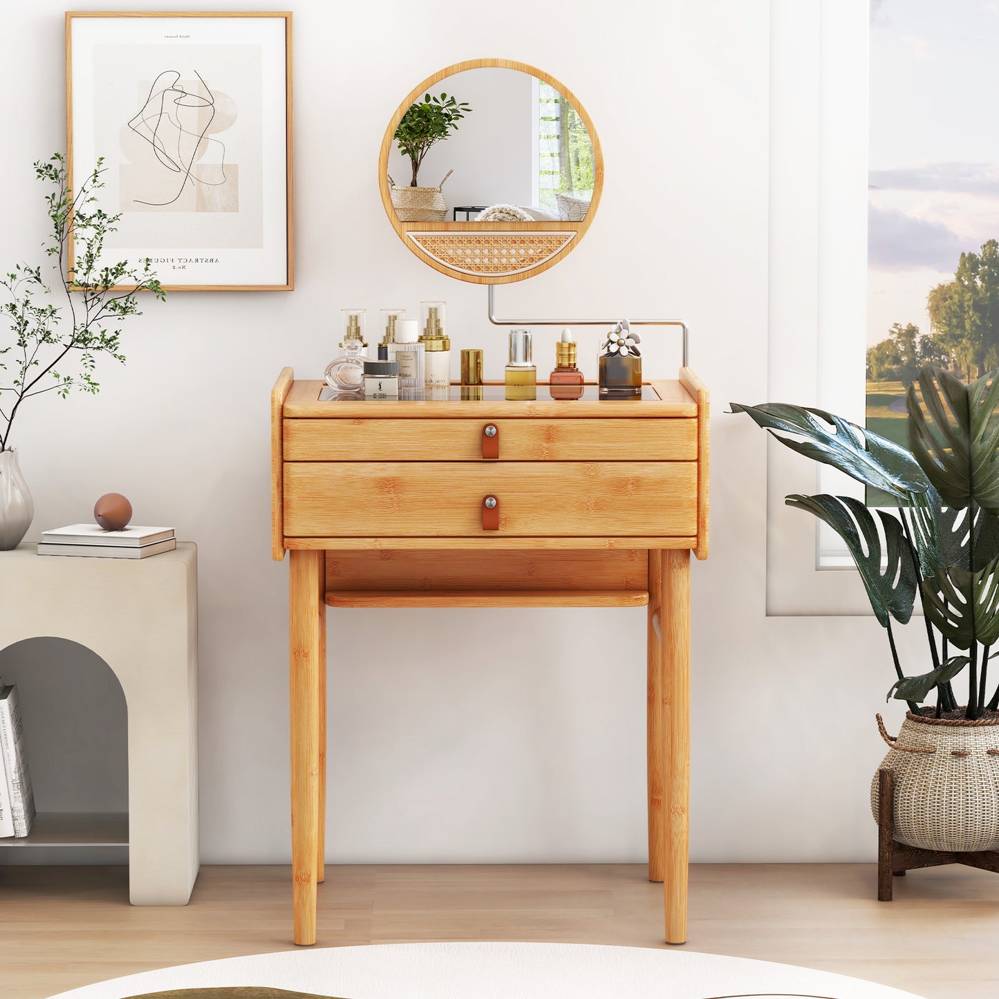 Bamboo Makeup Vanity Table with Mirror and 2 Drawers
