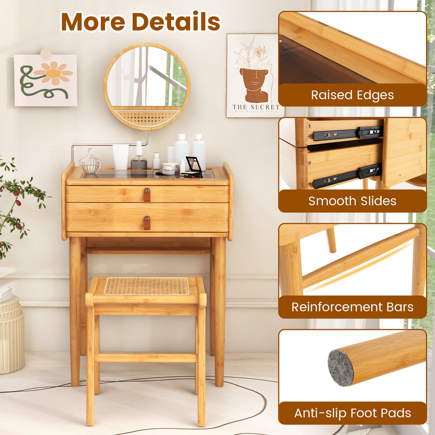 Bamboo Makeup Vanity Table with Mirror and 2 Drawers
