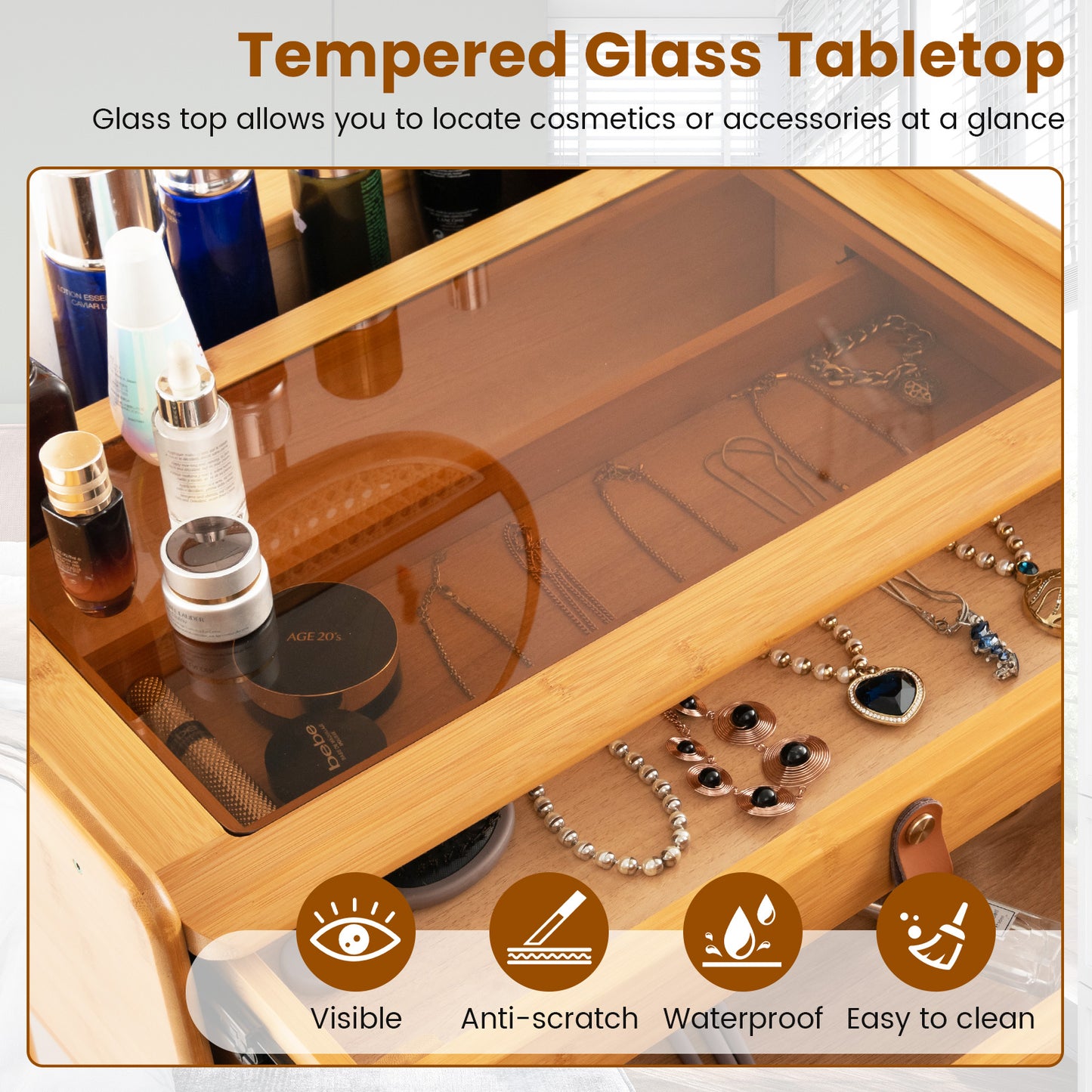 Bamboo Makeup Vanity Table with Mirror and 2 Drawers