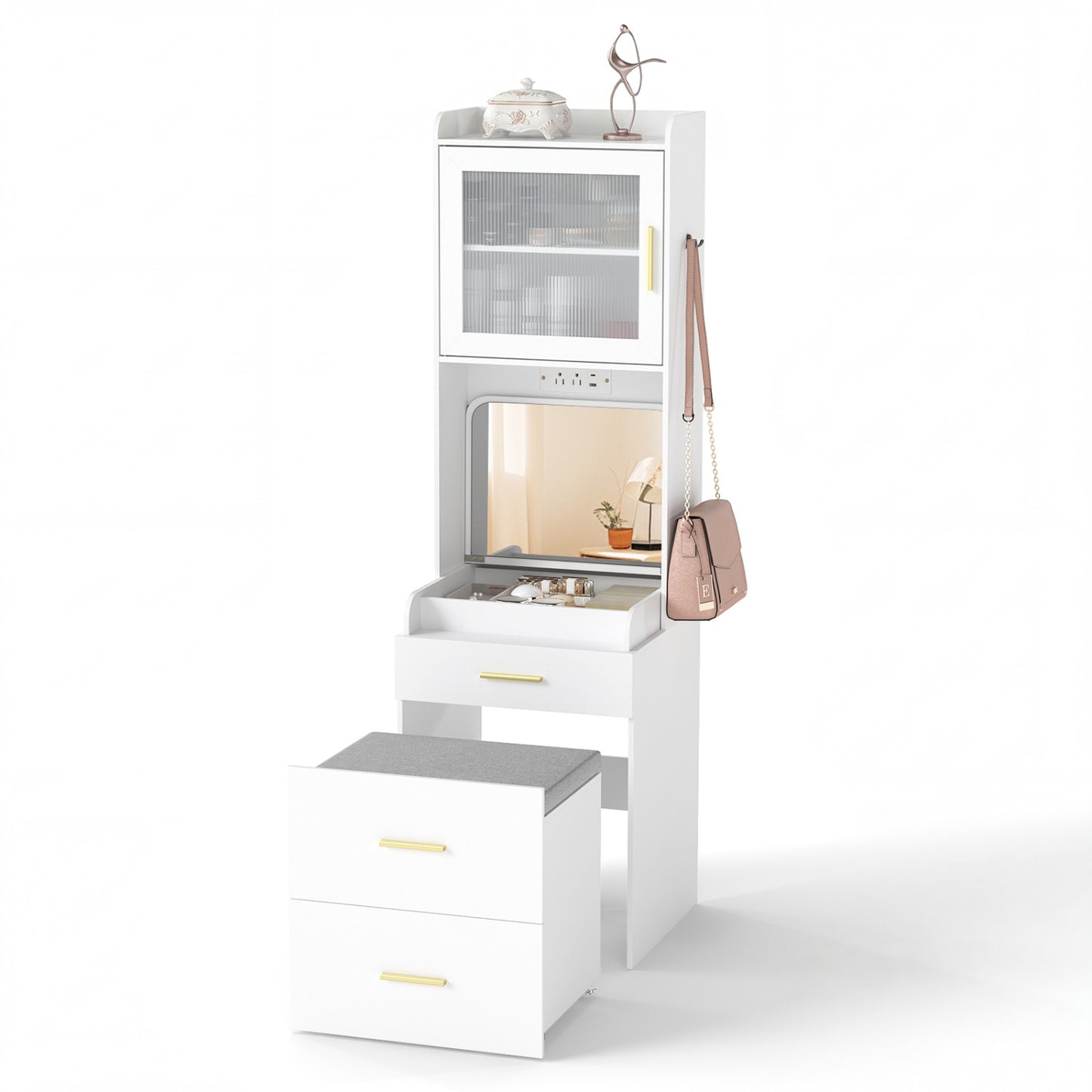 Makeup Vanity with Power Outlets, Flip-Top Mirror & Stool