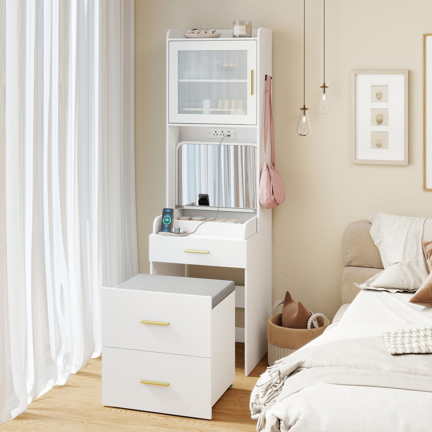 Makeup Vanity with Power Outlets, Flip-Top Mirror & Stool