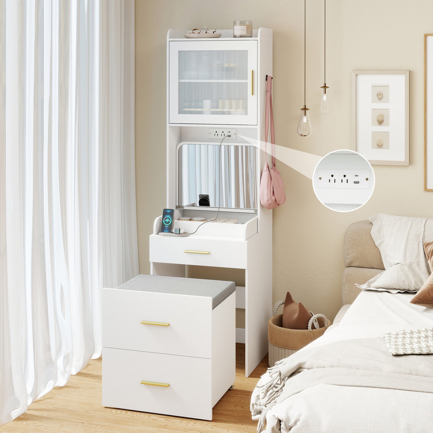 Makeup Vanity with Power Outlets, Flip-Top Mirror & Stool