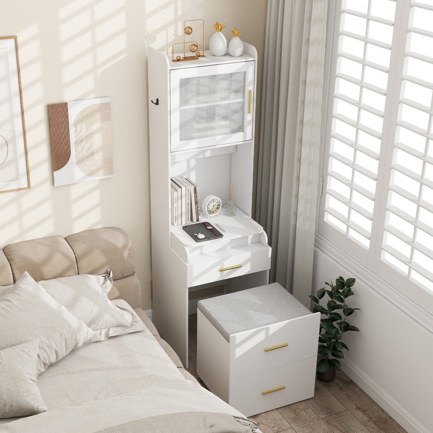 Makeup Vanity with Power Outlets, Flip-Top Mirror & Stool