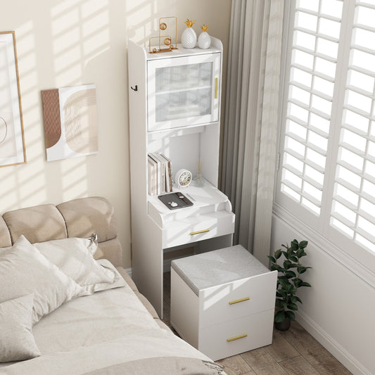 Makeup Vanity with Power Outlets, Flip-Top Mirror & Stool