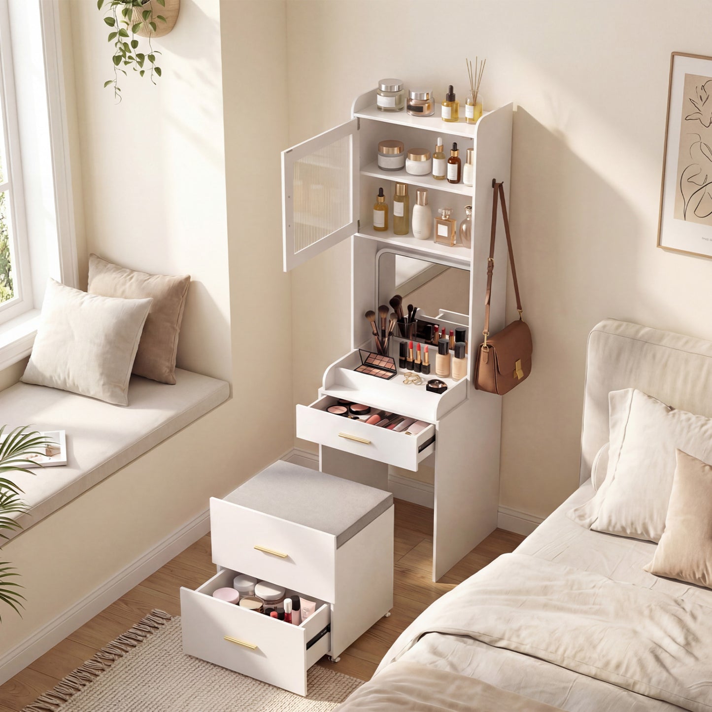 Makeup Vanity with Power Outlets, Flip-Top Mirror & Stool