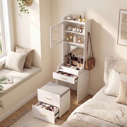 Makeup Vanity with Power Outlets, Flip-Top Mirror & Stool