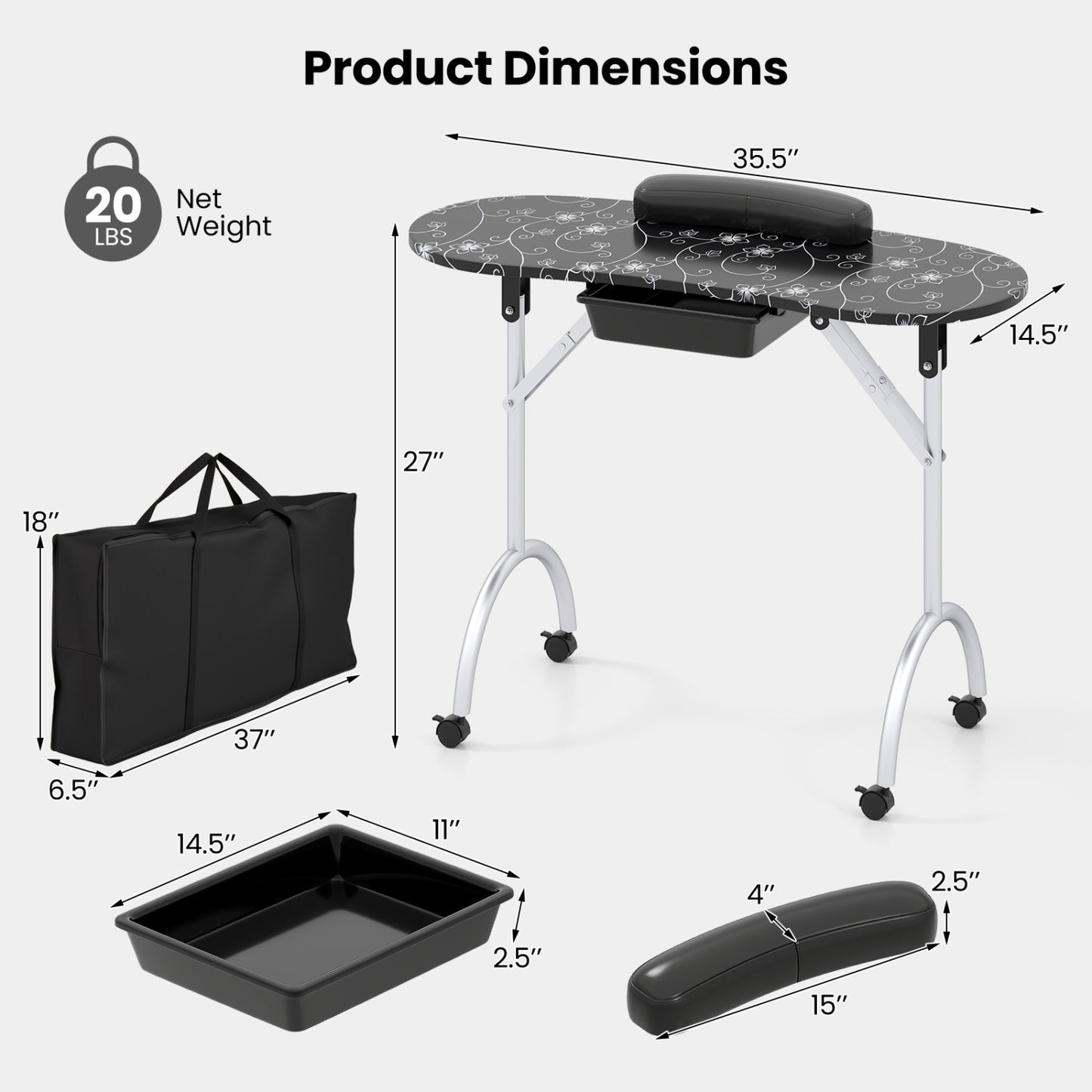 Portable Manicure Table with Drawer and Wrist Cushion