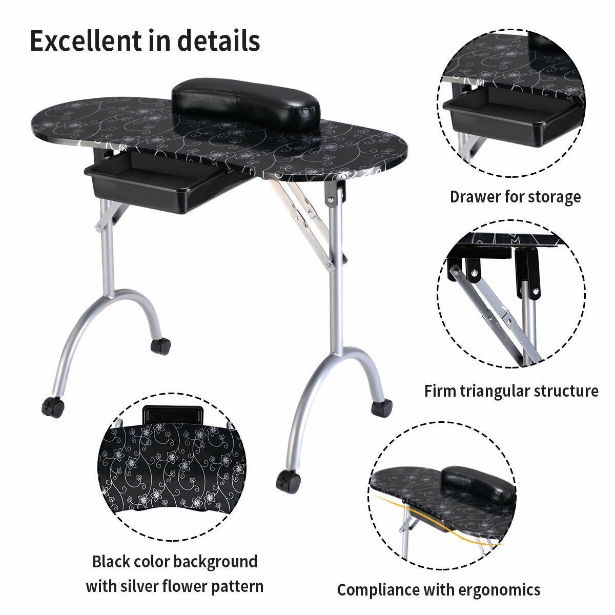 Portable Manicure Table with Drawer and Wrist Cushion