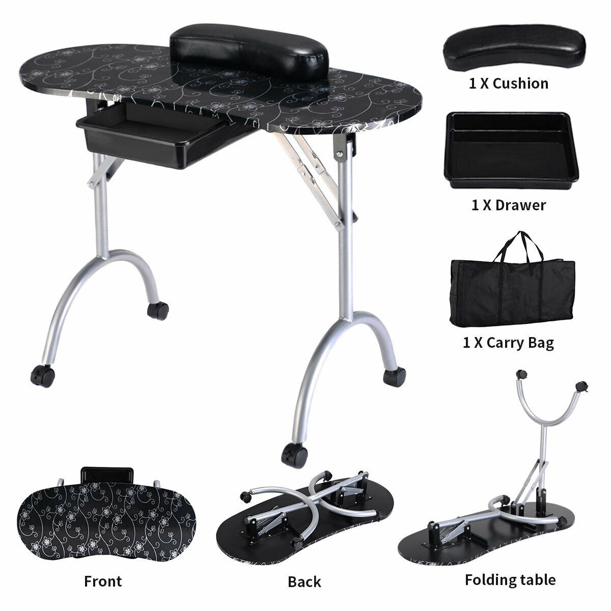 Portable Manicure Table with Drawer and Wrist Cushion