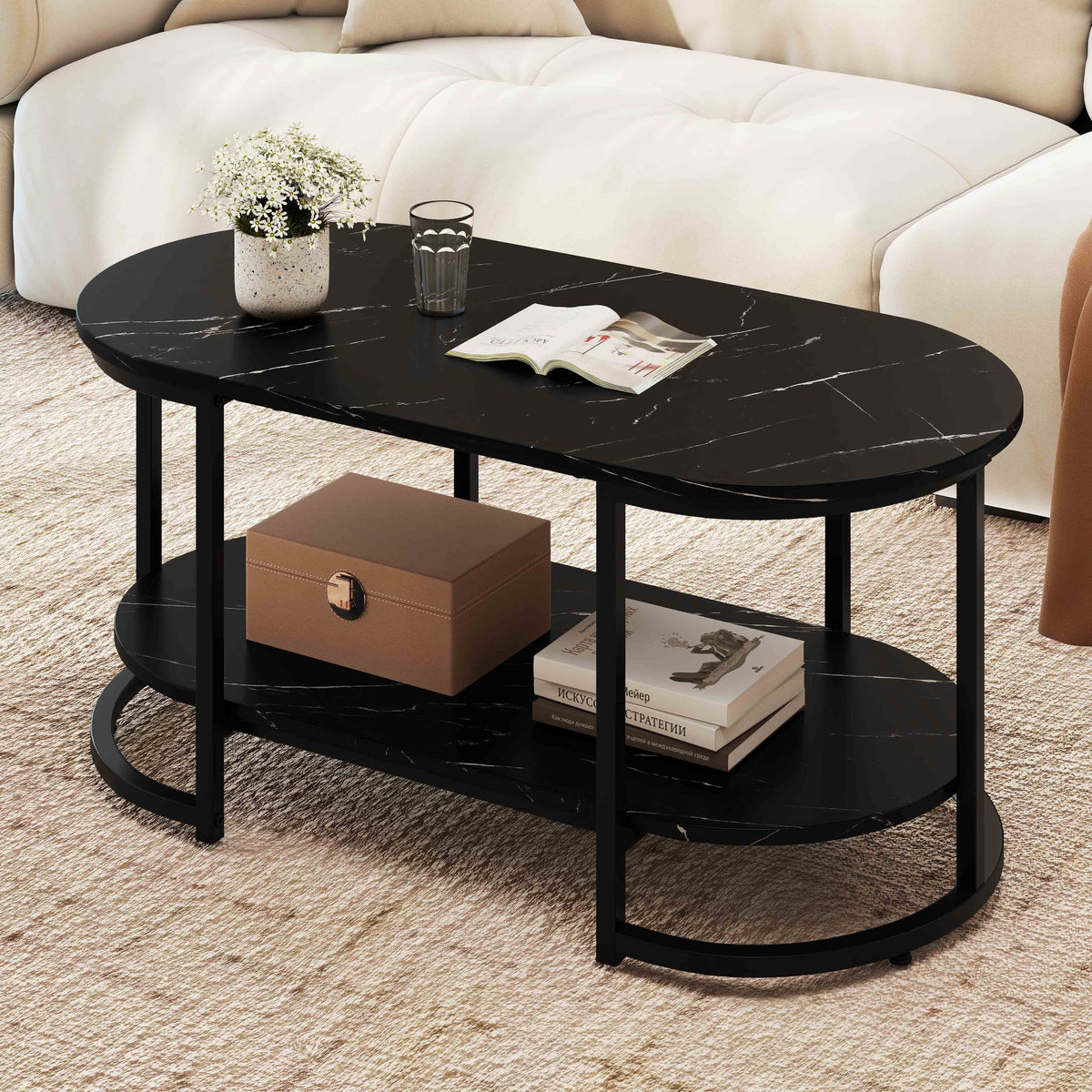 Marble Coffee Table with Open Storage Shelf