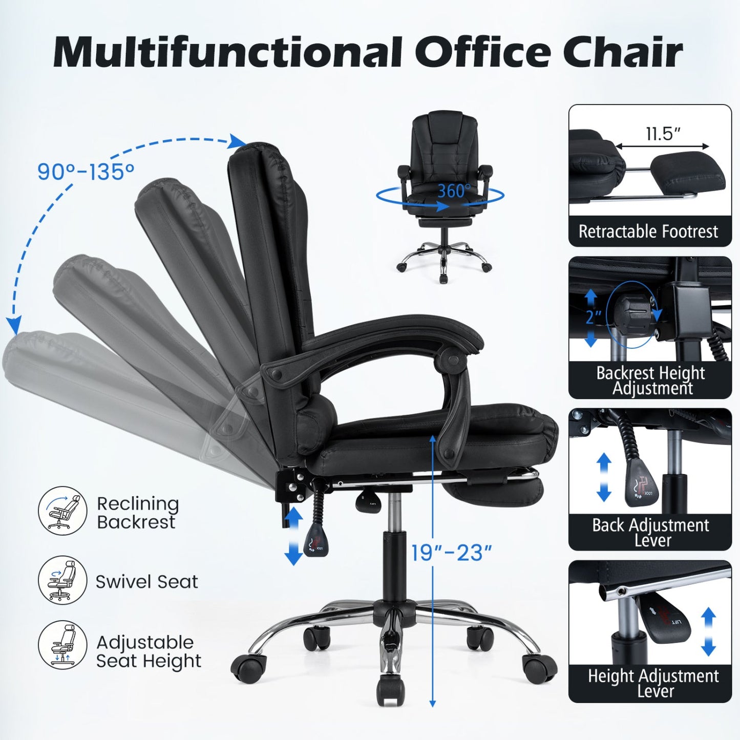 Massage Office Chair with Footrest & Reclining Backrest