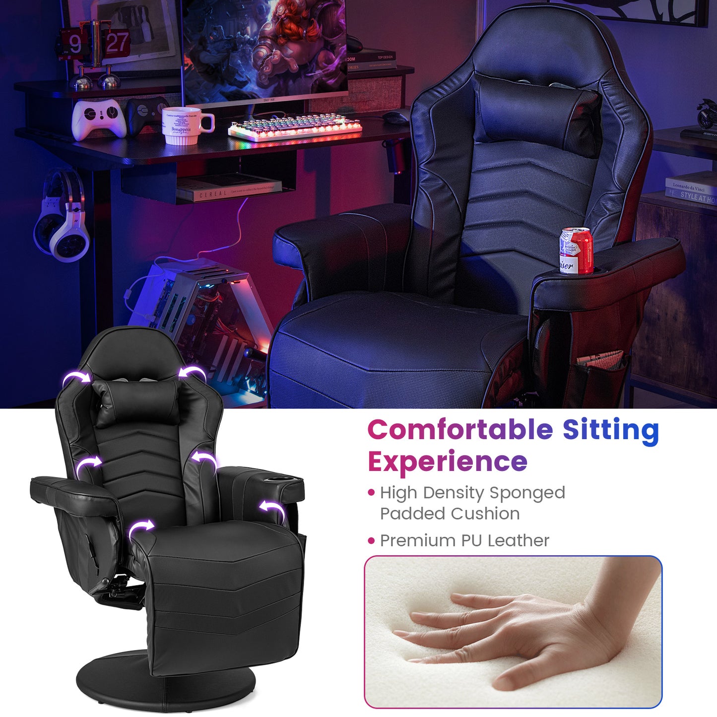 Gaming Recliner Chair with Massage and Adjustable Height