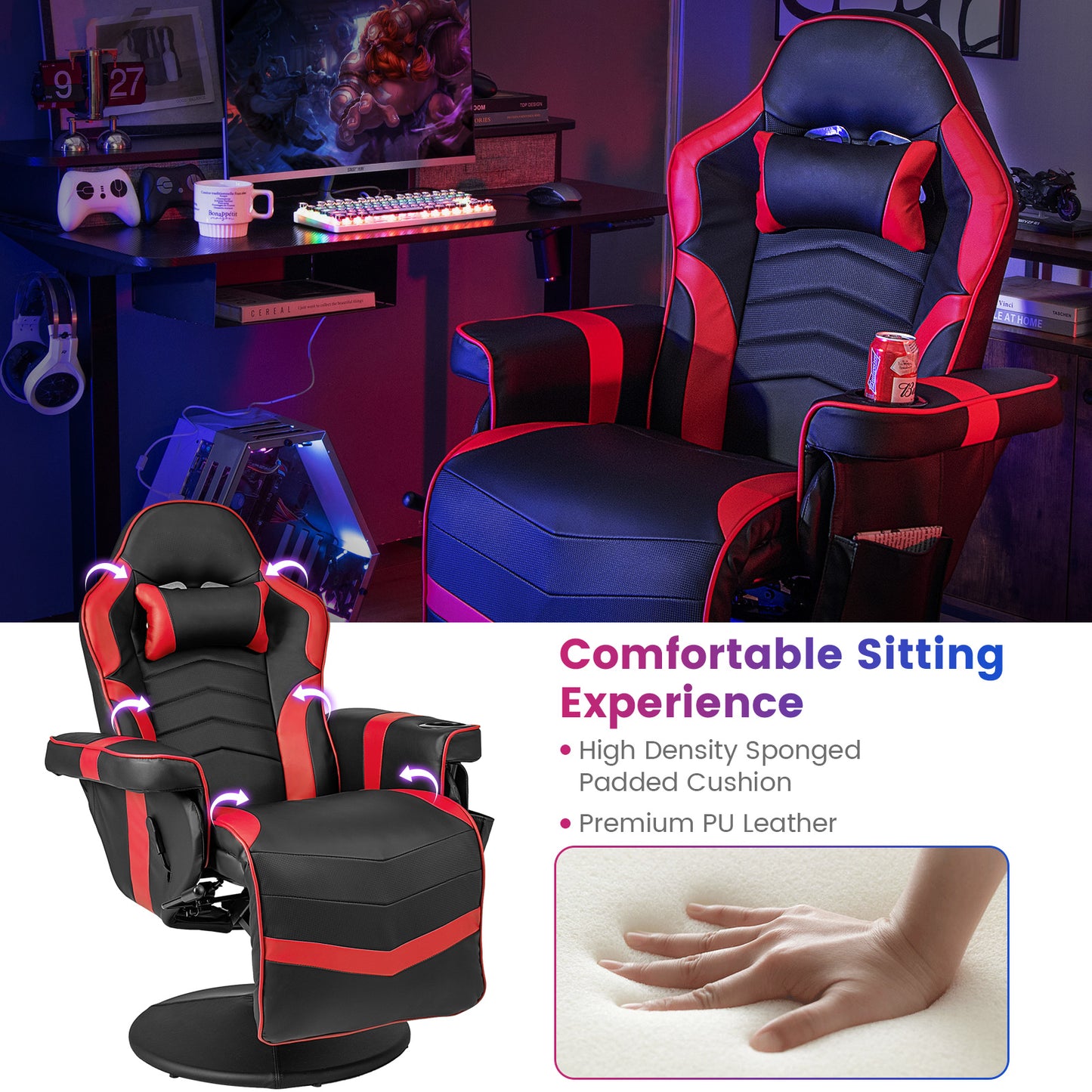 Gaming Recliner Chair with Massage and Adjustable Height