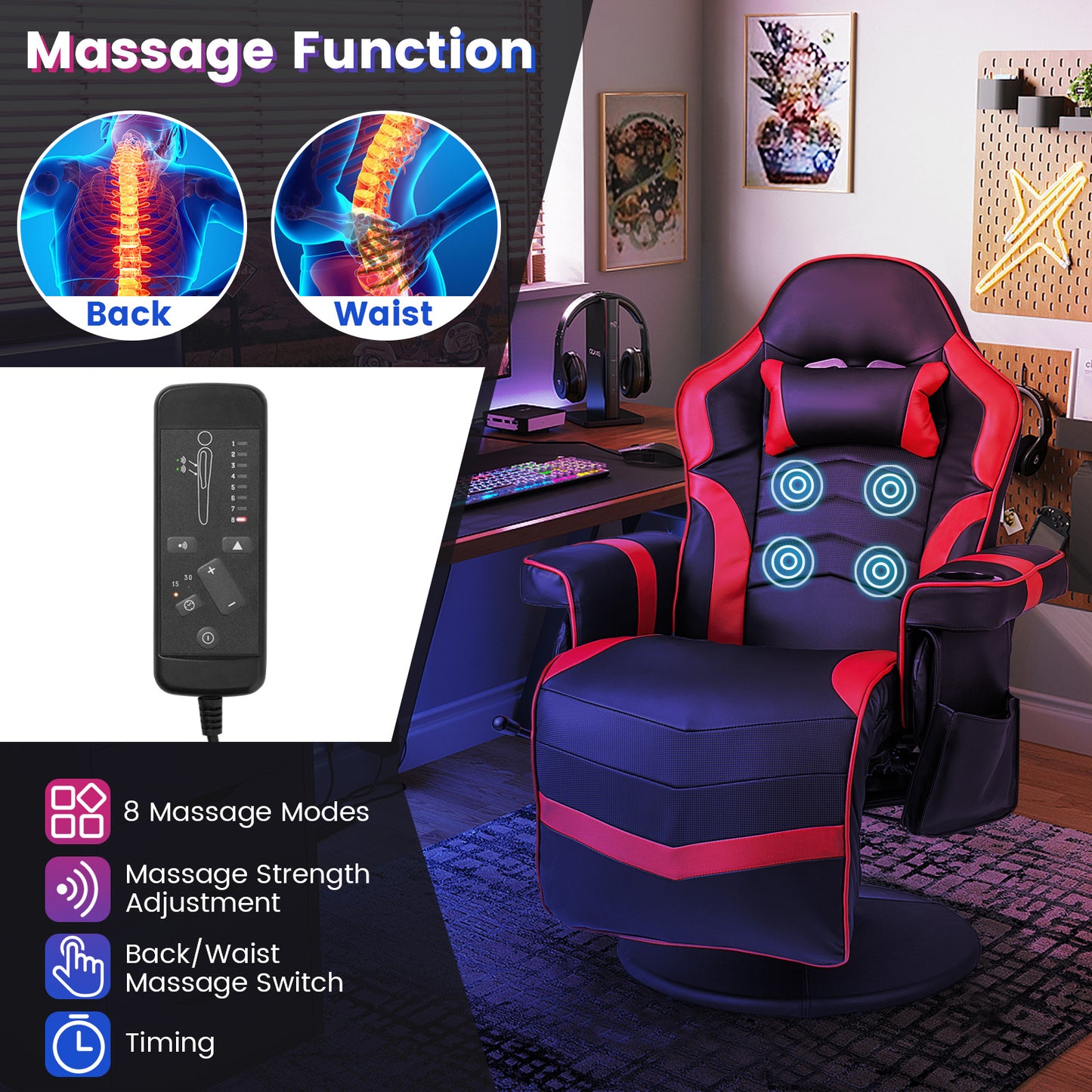 Gaming Recliner Chair with Massage and Adjustable Height