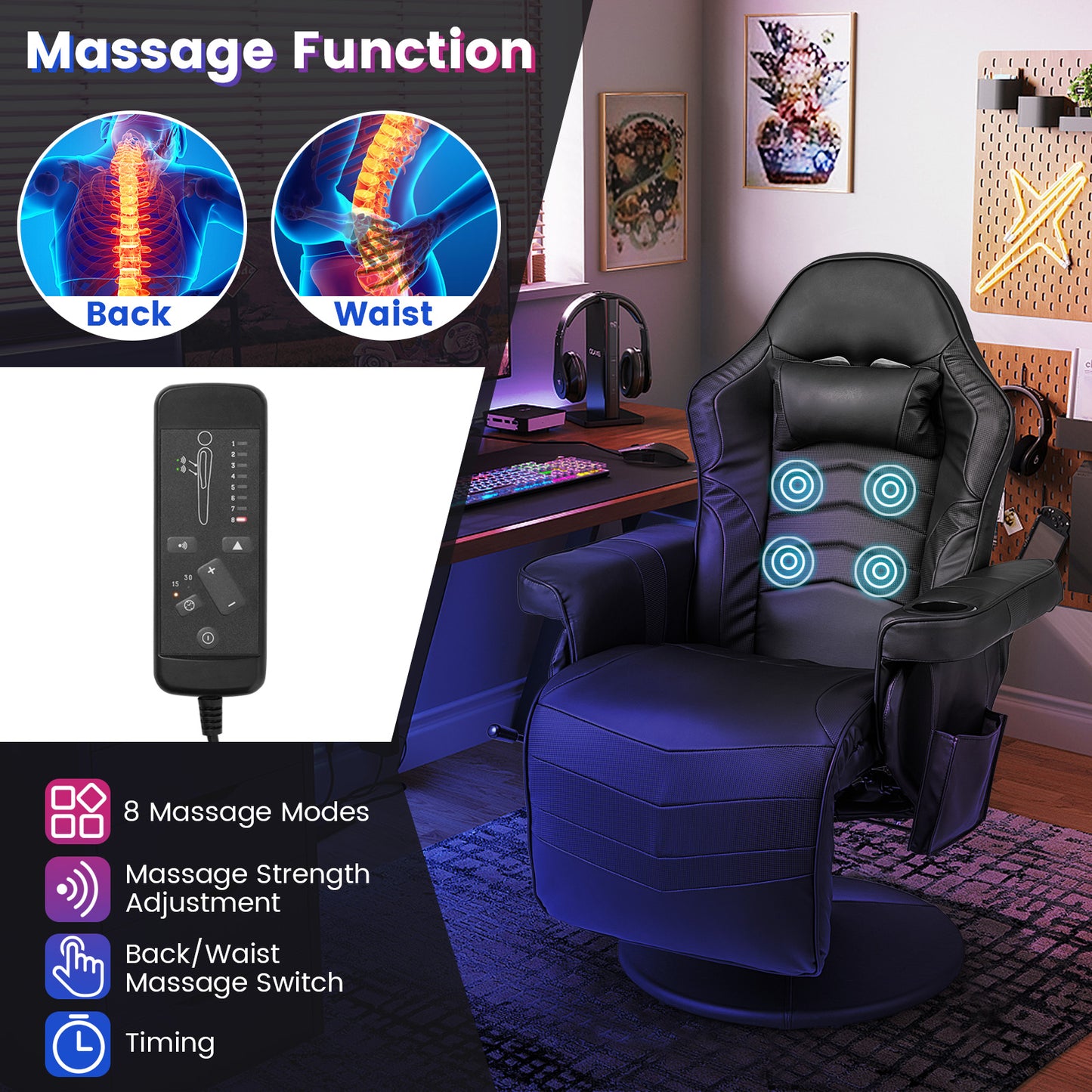 Gaming Recliner Chair with Massage and Adjustable Height