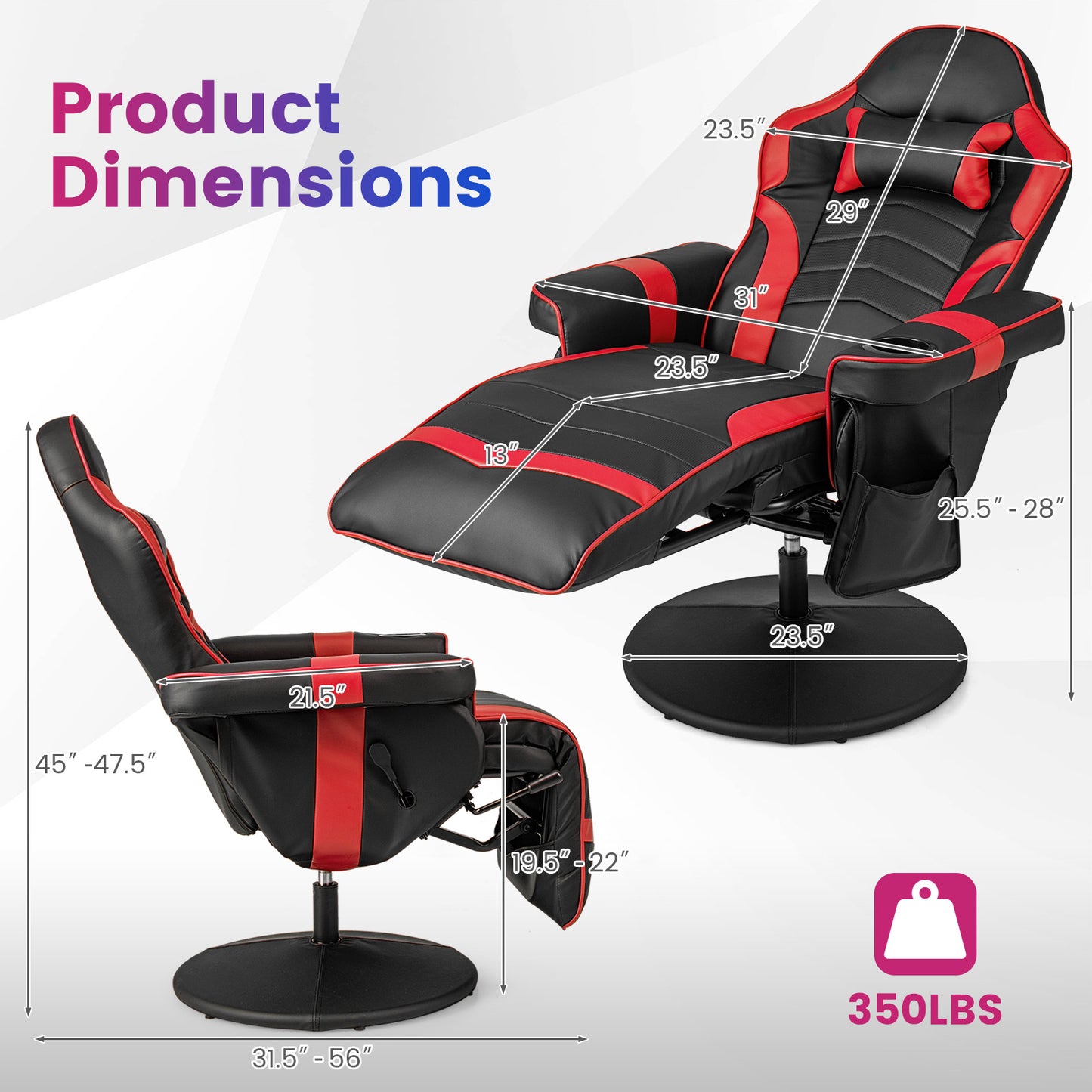 Gaming Recliner Chair with Massage and Adjustable Height