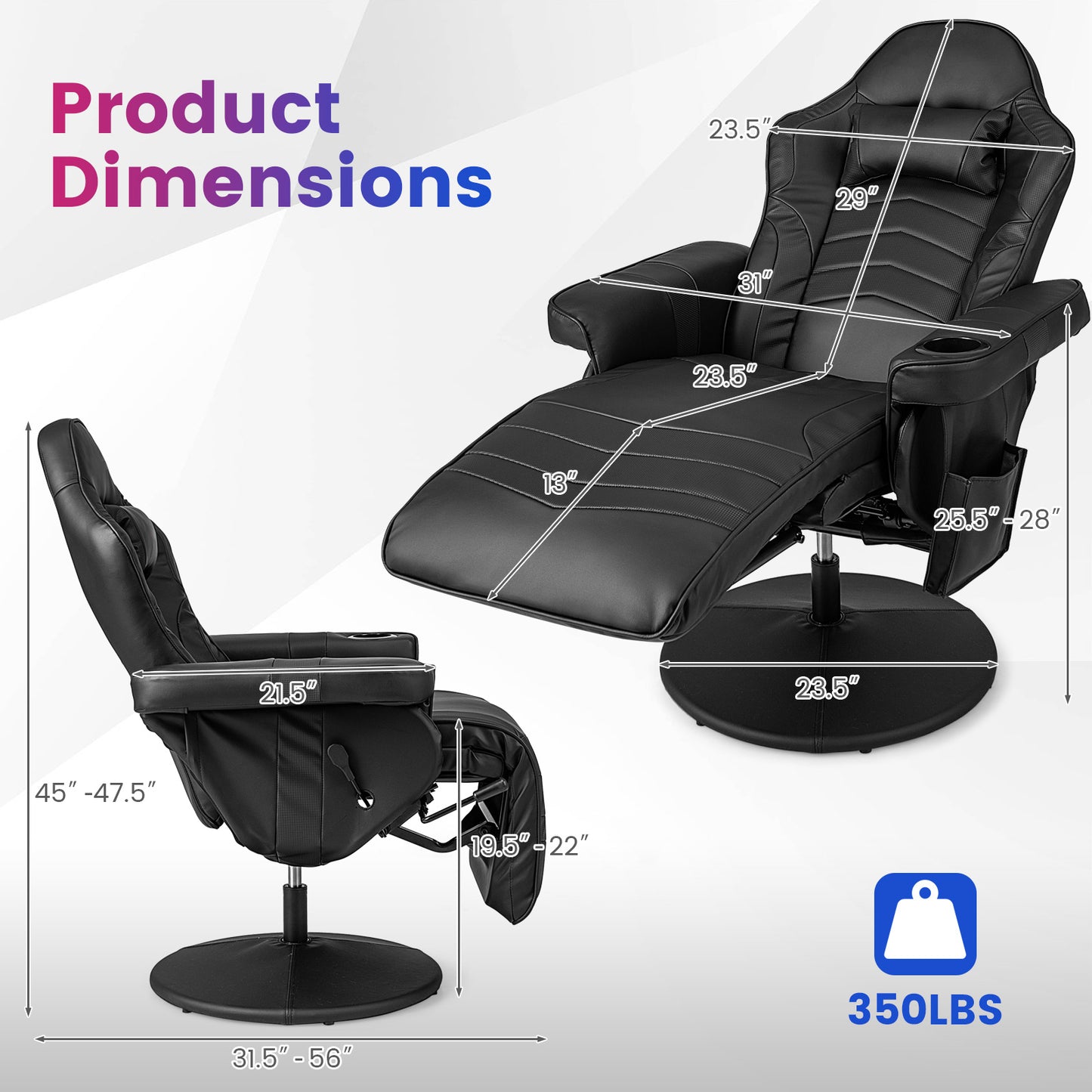 Gaming Recliner Chair with Massage and Adjustable Height